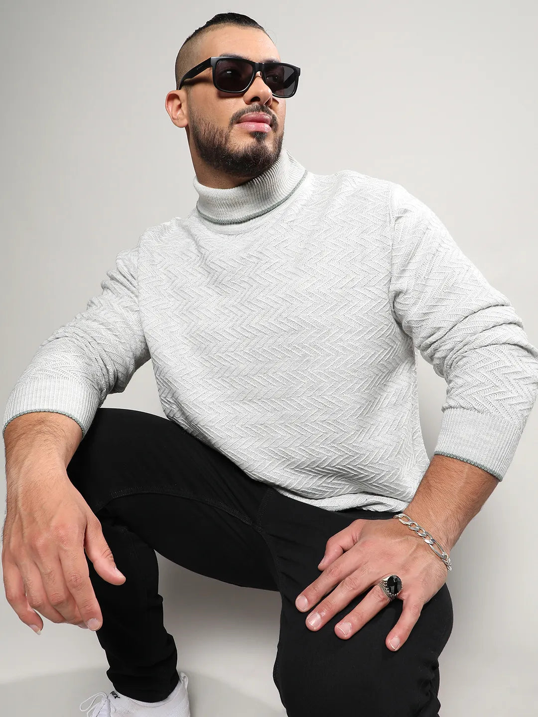 Beige Herringbone Knitted Pullover Sweater