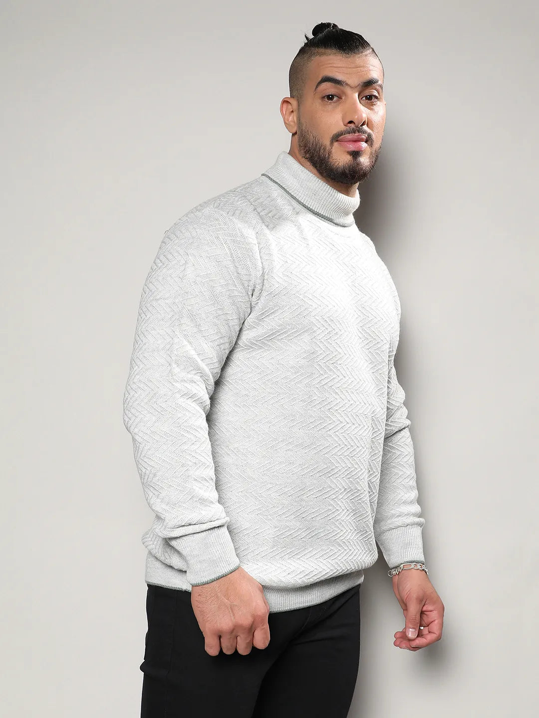 Beige Herringbone Knitted Pullover Sweater