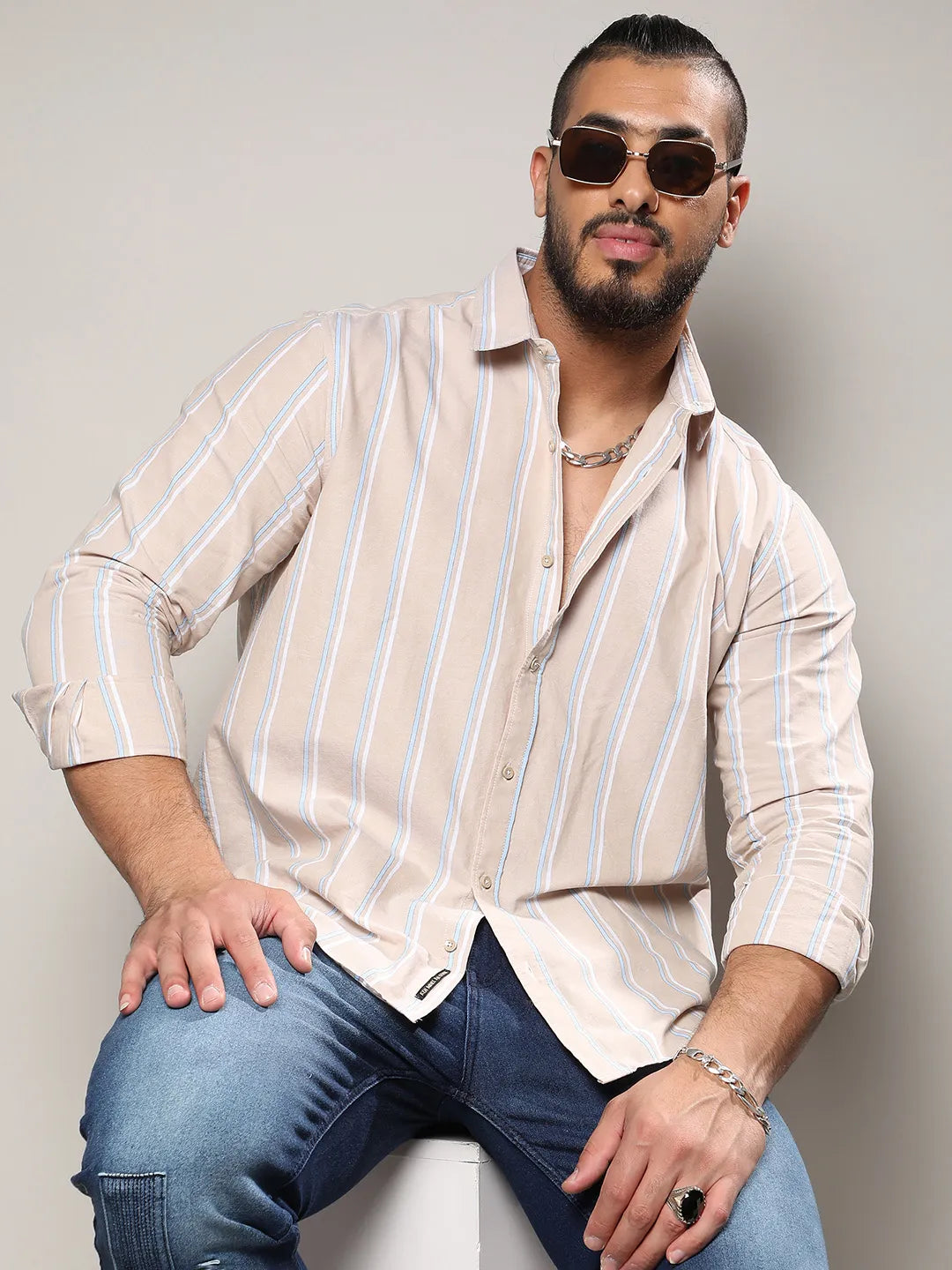 Beige Striped Cotton Shirt