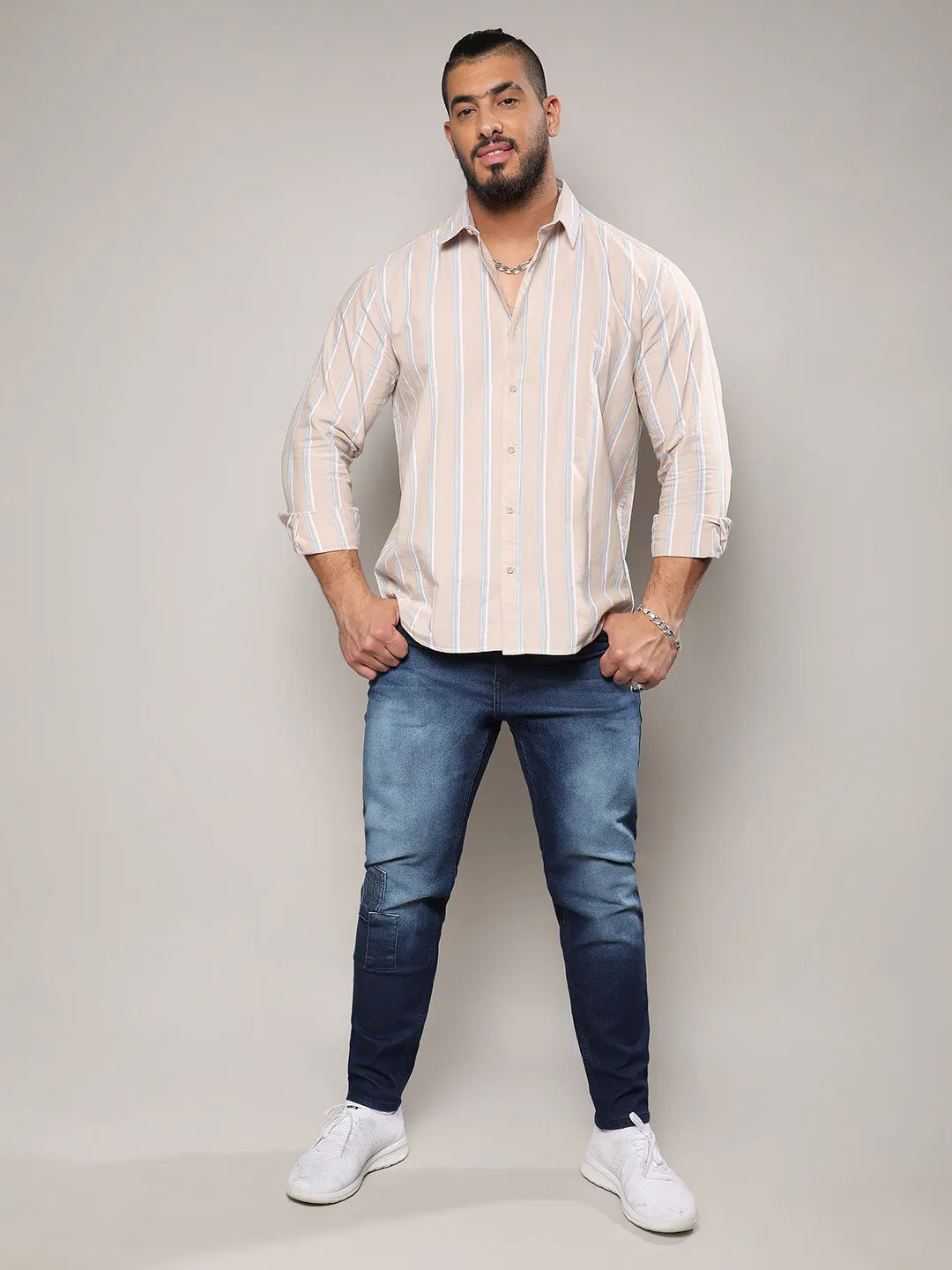 Beige Striped Cotton Shirt