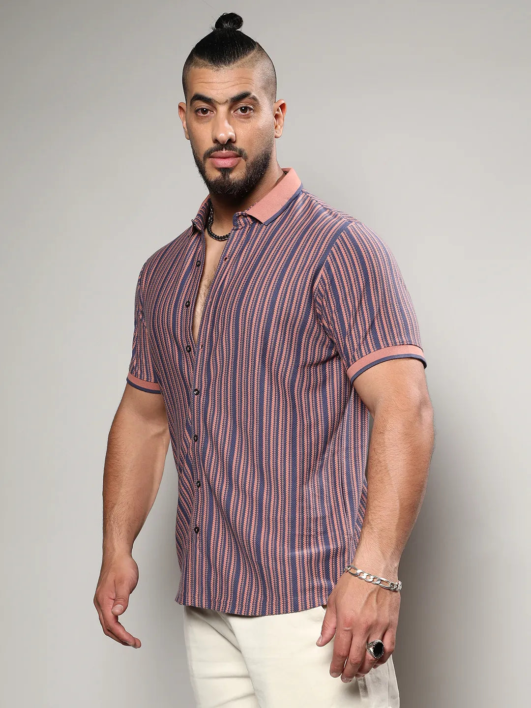 Brown & Blue Contrast Knitted Shirt
