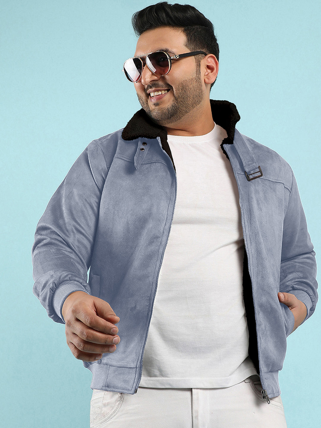 Contrast Sherpa-Lined Suede Bomber Jacket