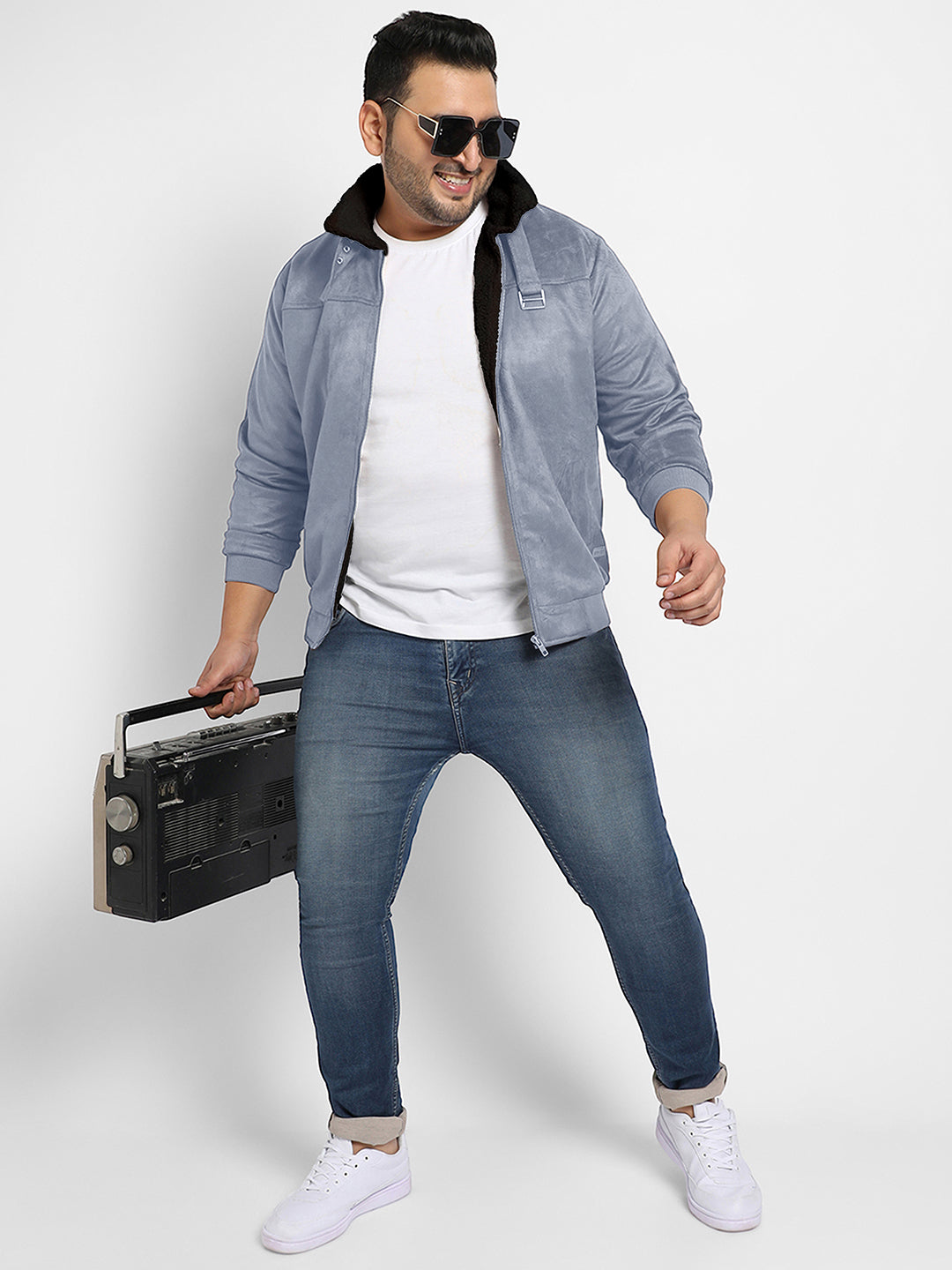 Contrast Sherpa-Lined Suede Bomber Jacket