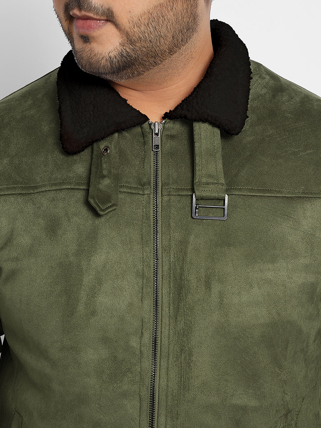Contrast Sherpa-Lined Suede Bomber Jacket