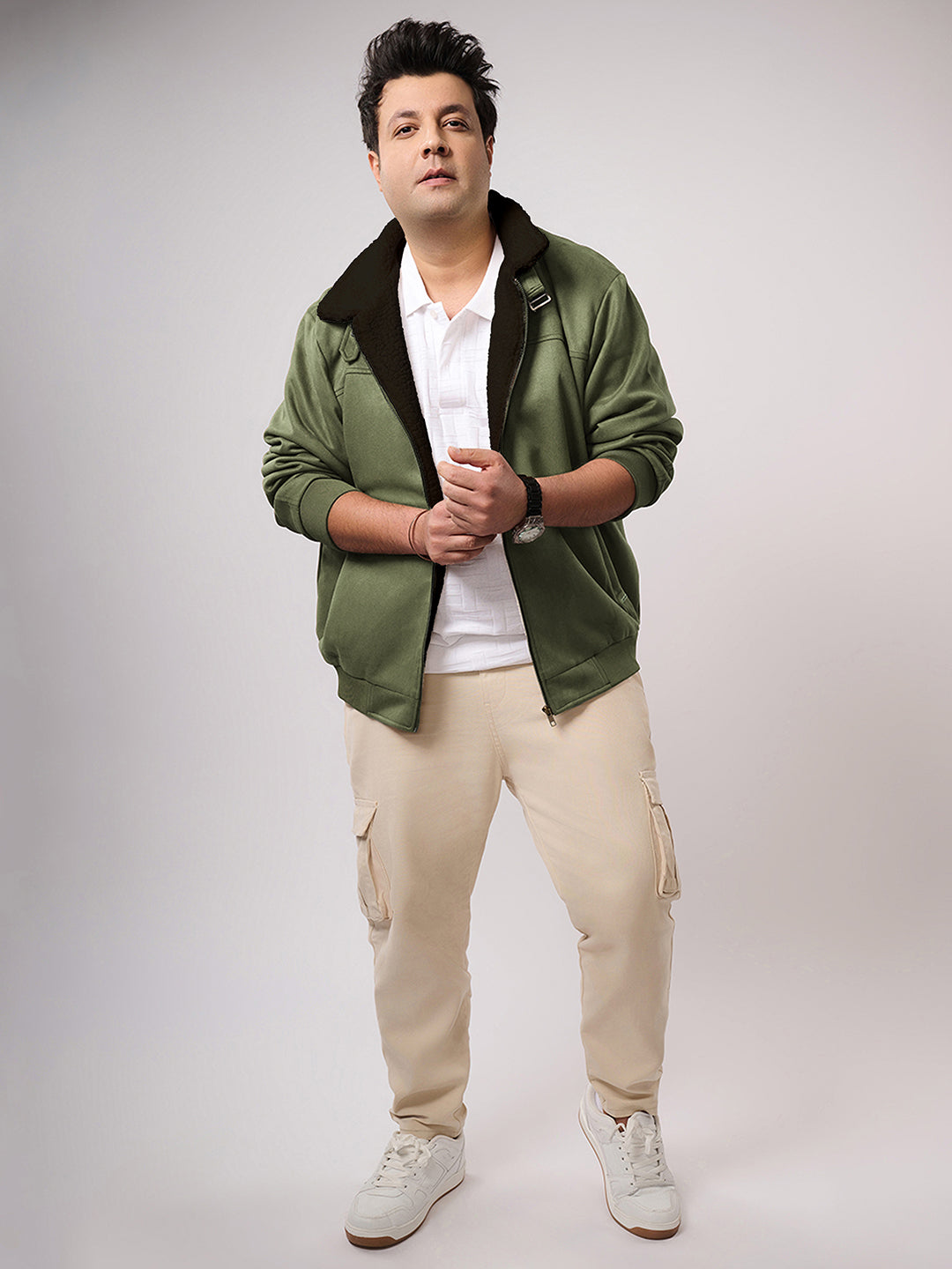 Contrast Sherpa-Lined Suede Bomber Jacket