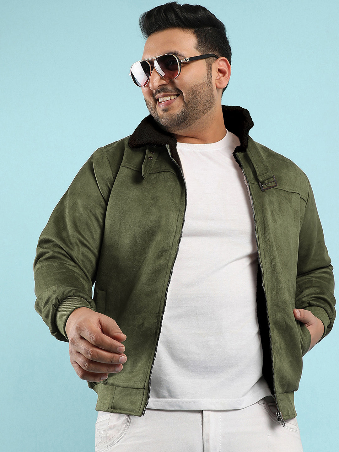 Contrast Sherpa-Lined Suede Bomber Jacket