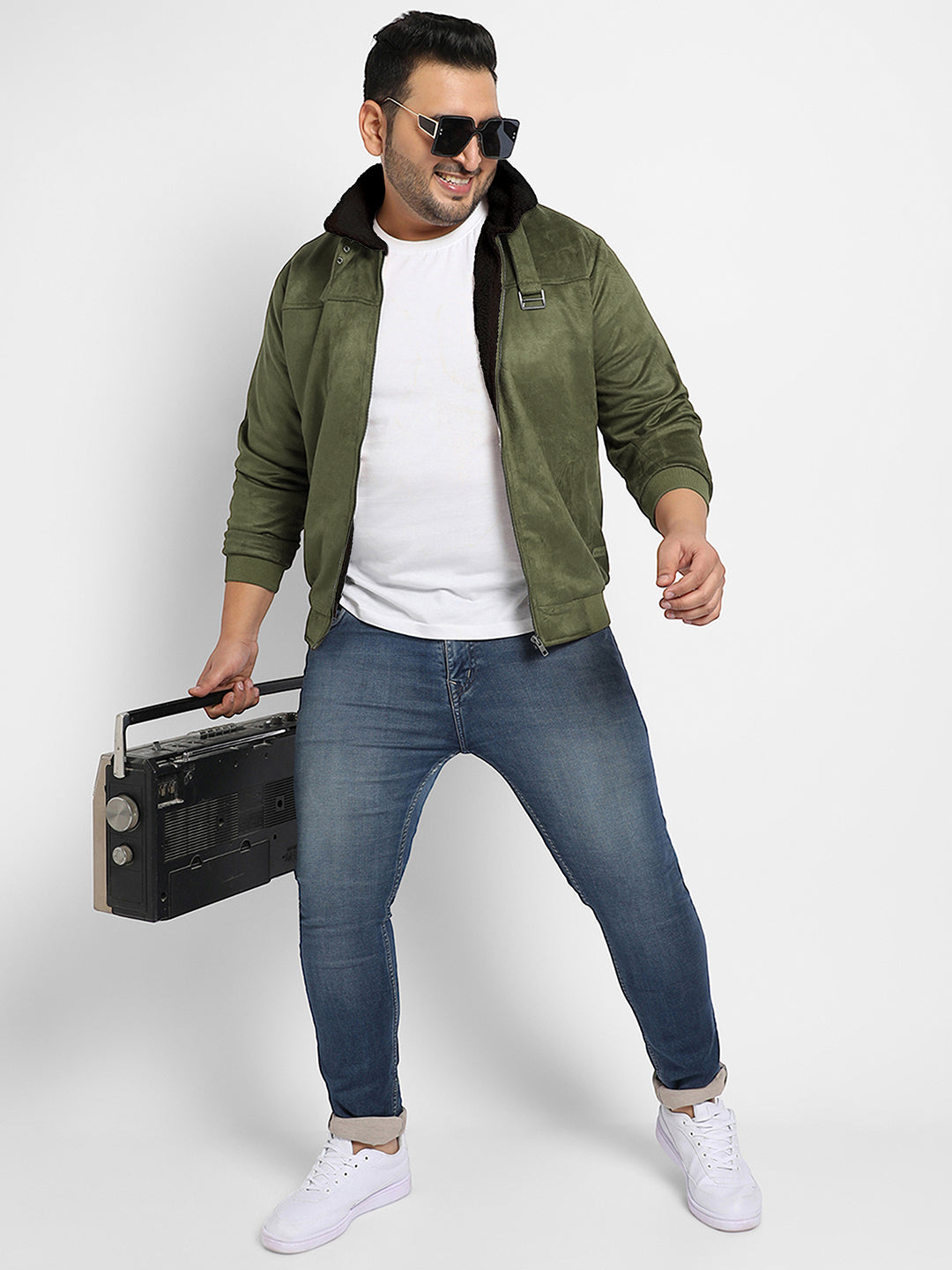 Contrast Sherpa-Lined Suede Bomber Jacket