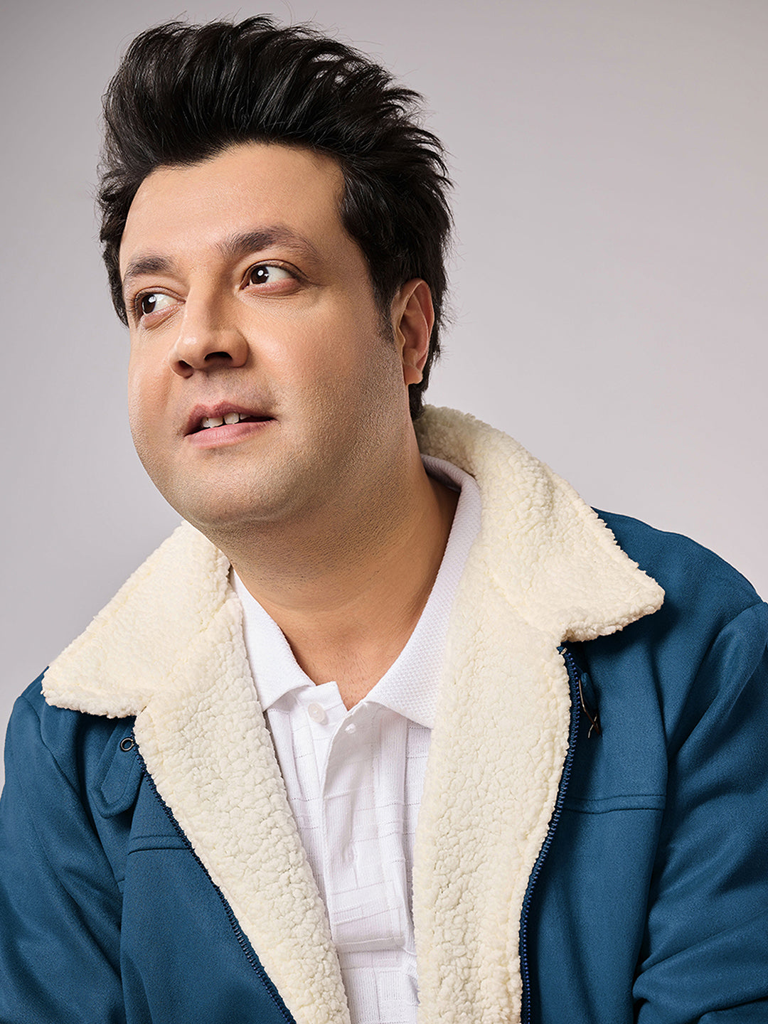 Contrast Sherpa-Lined Suede Bomber Jacket