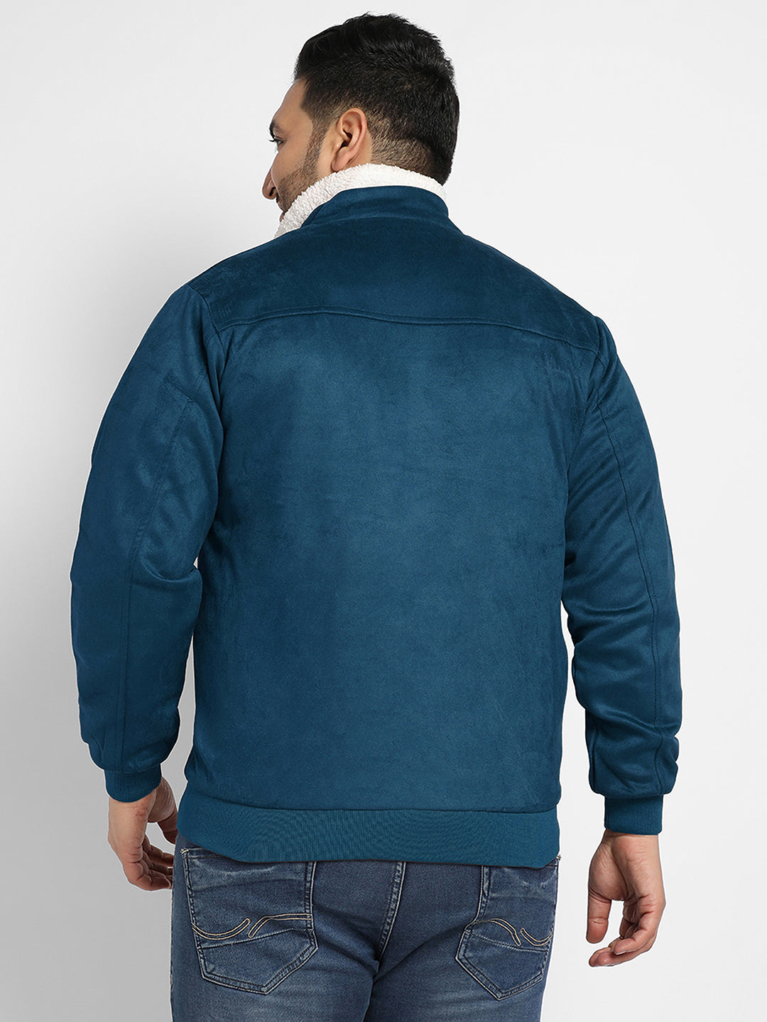 Contrast Sherpa-Lined Suede Bomber Jacket