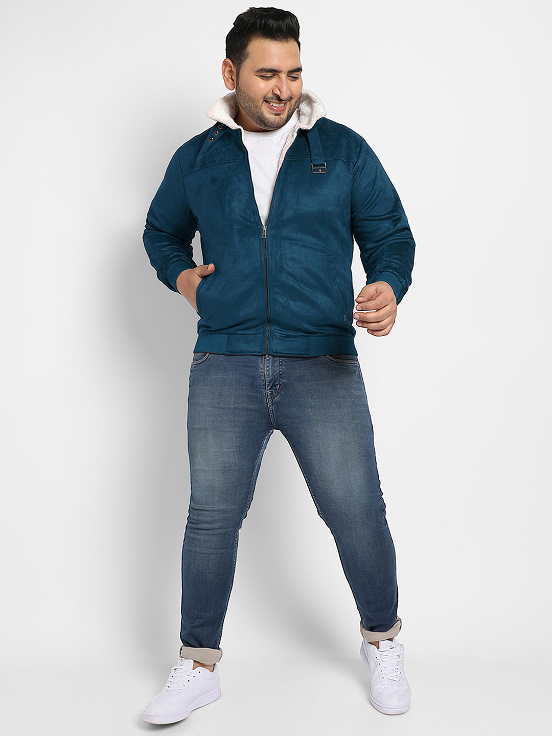 Contrast Sherpa-Lined Suede Bomber Jacket