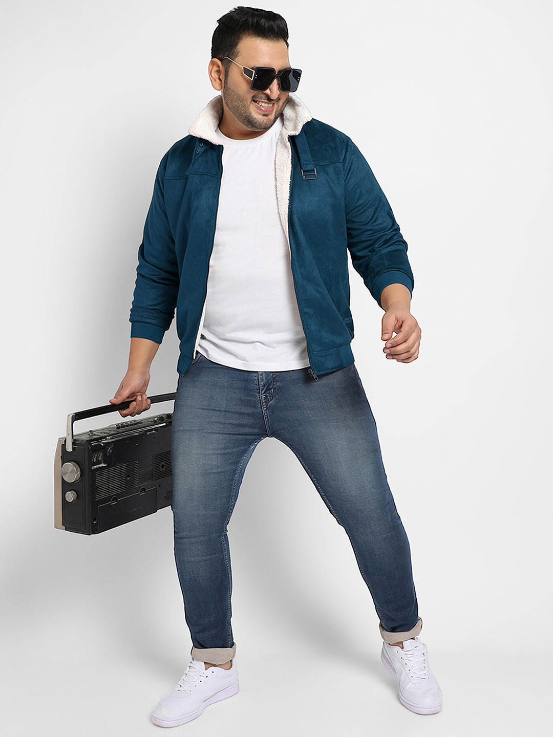 Contrast Sherpa-Lined Suede Bomber Jacket