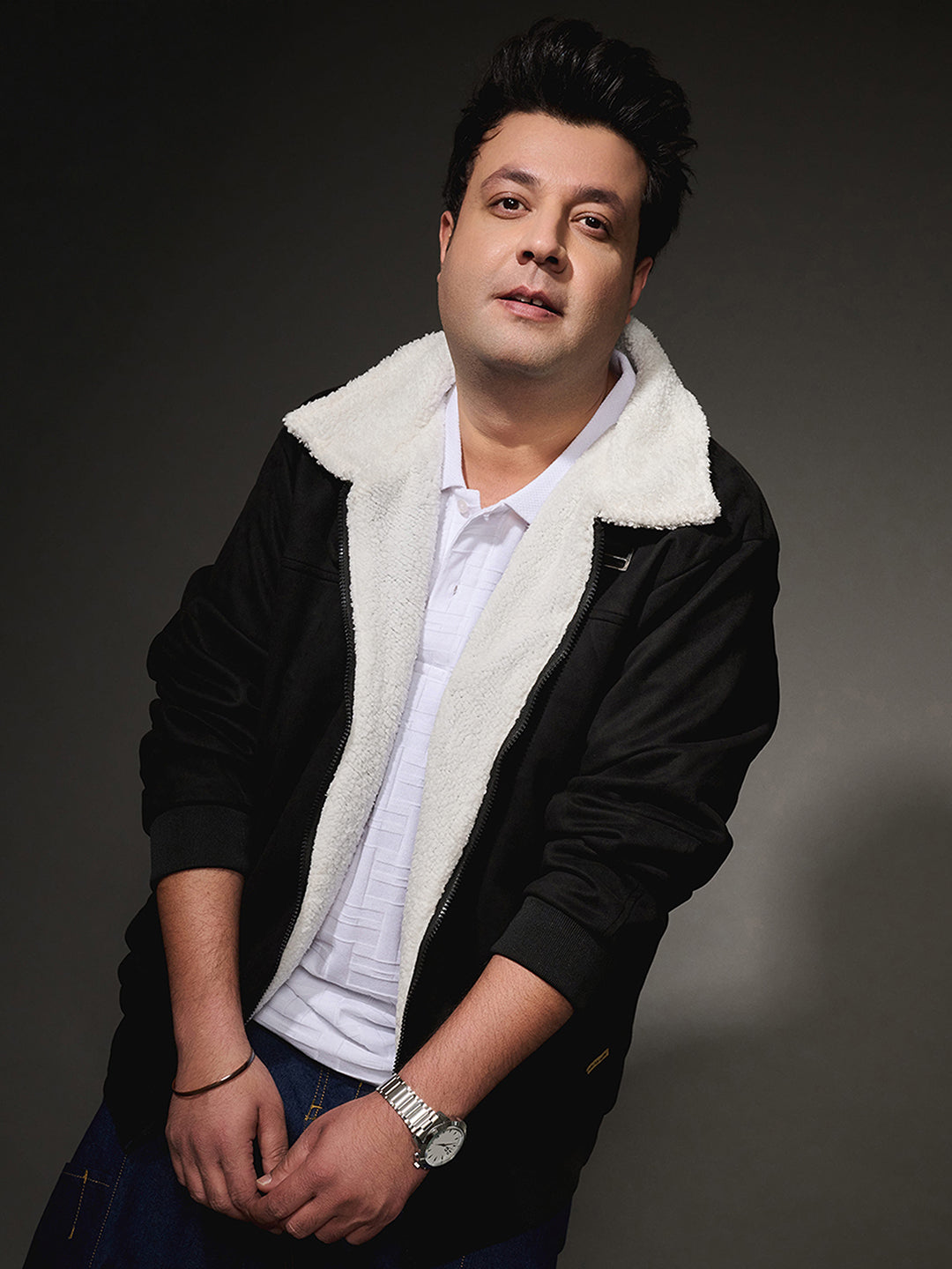 Contrast Sherpa-Lined Suede Bomber Jacket