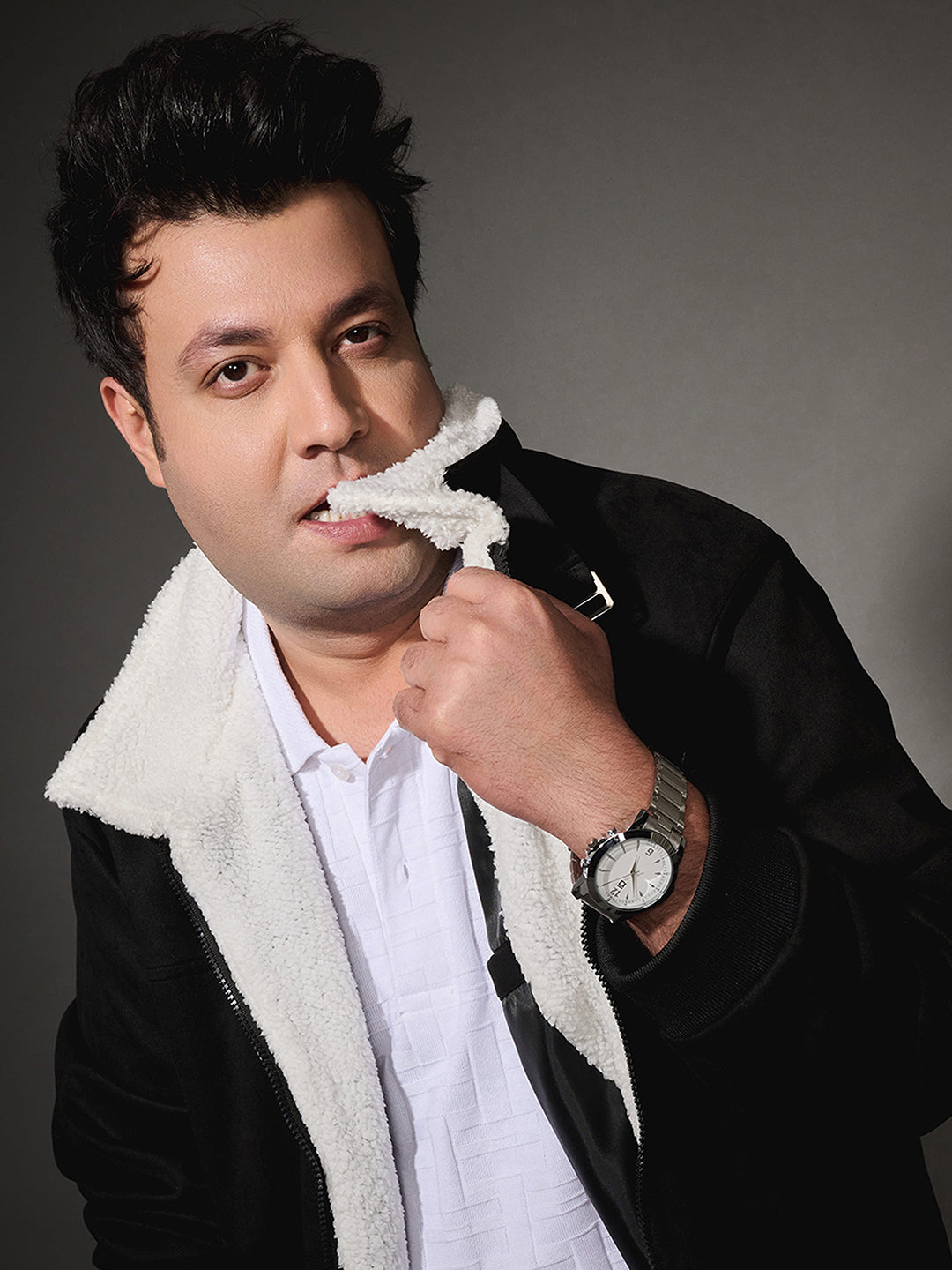 Contrast Sherpa-Lined Suede Bomber Jacket