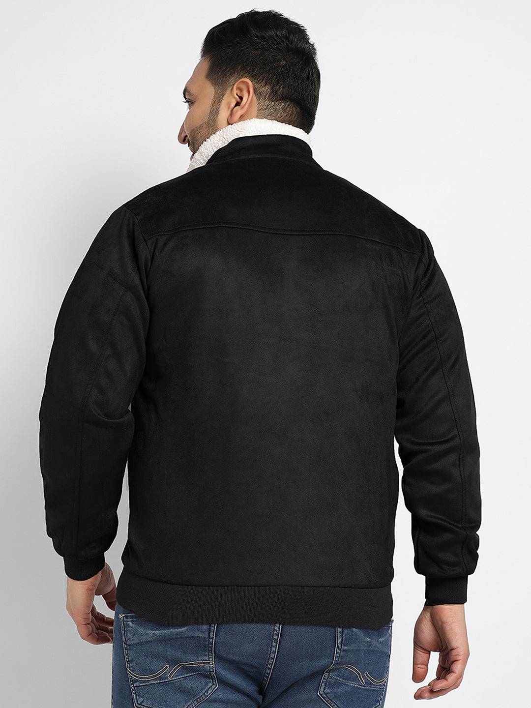 Contrast Sherpa-Lined Suede Bomber Jacket