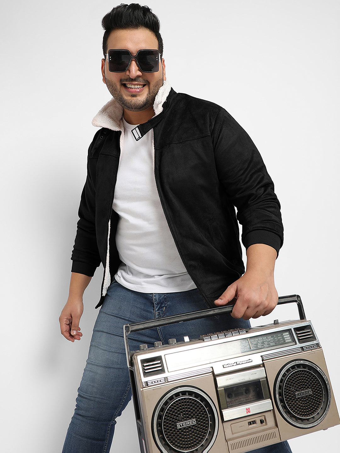 Contrast Sherpa-Lined Suede Bomber Jacket