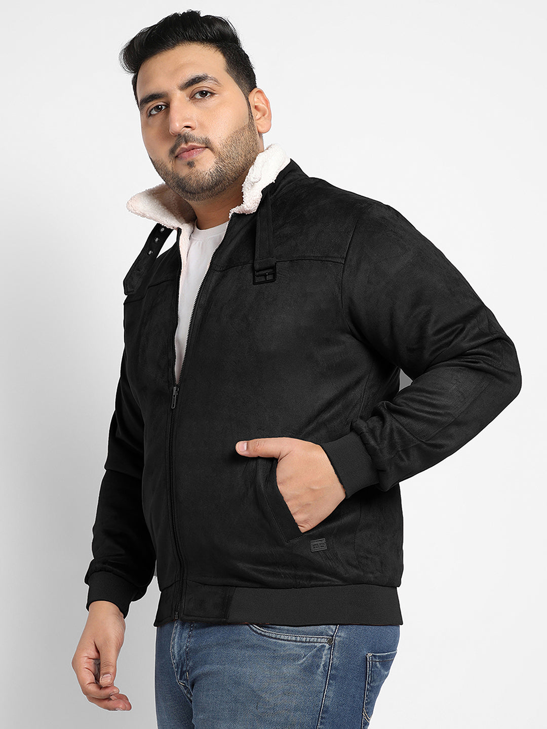 Contrast Sherpa-Lined Suede Bomber Jacket
