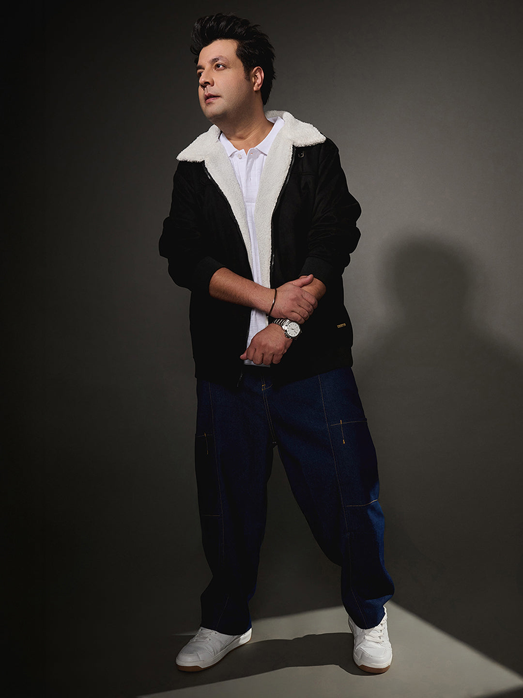 Contrast Sherpa-Lined Suede Bomber Jacket