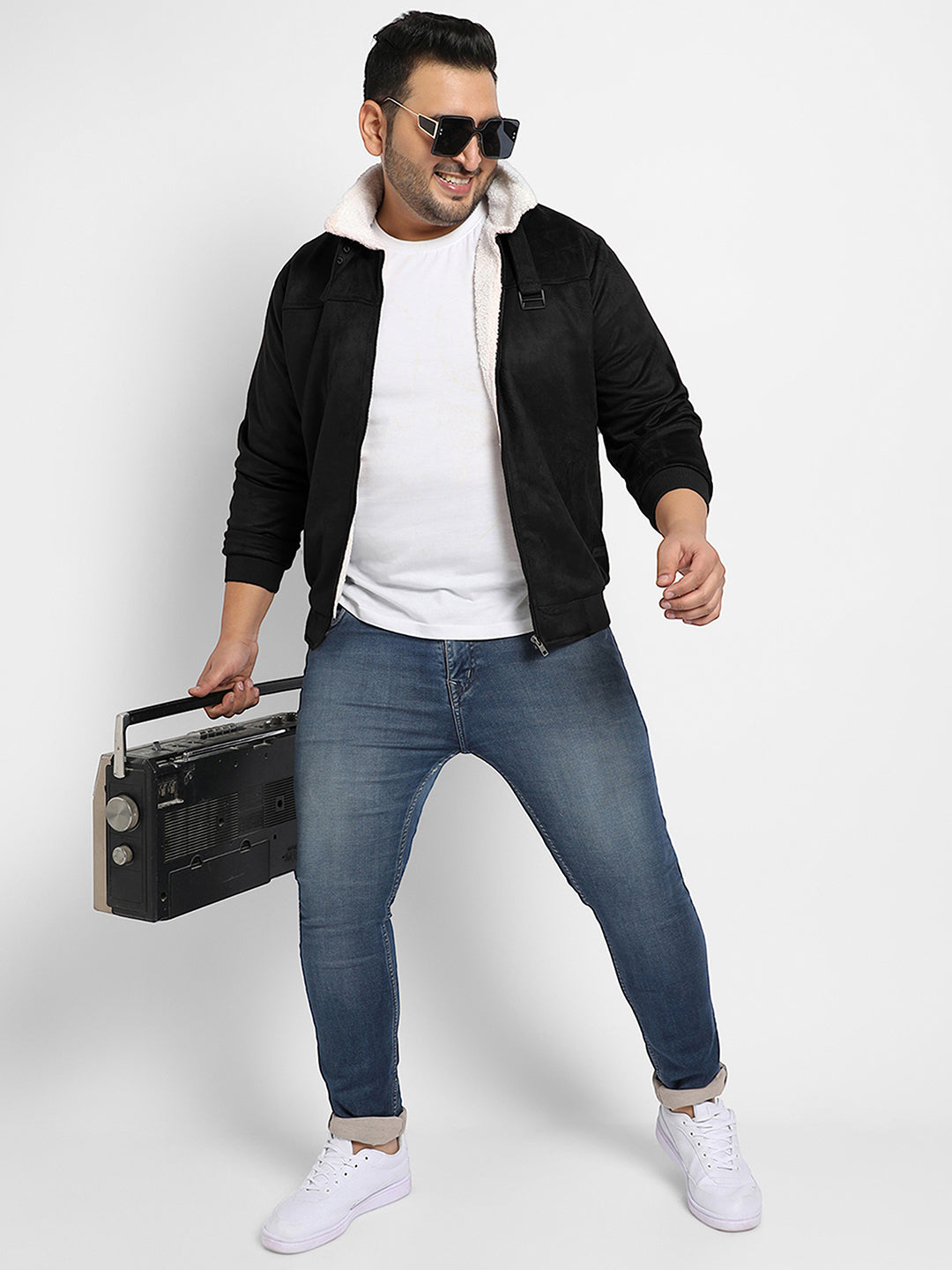 Contrast Sherpa-Lined Suede Bomber Jacket