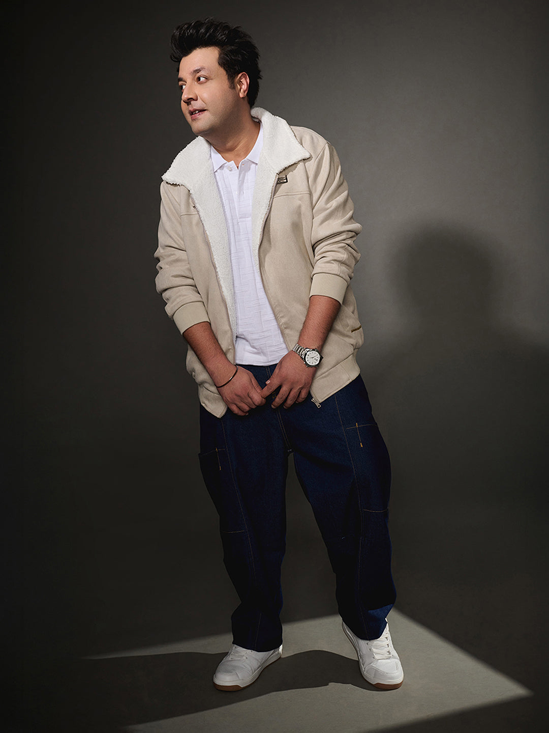 Contrast Sherpa-Lined Suede Bomber Jacket