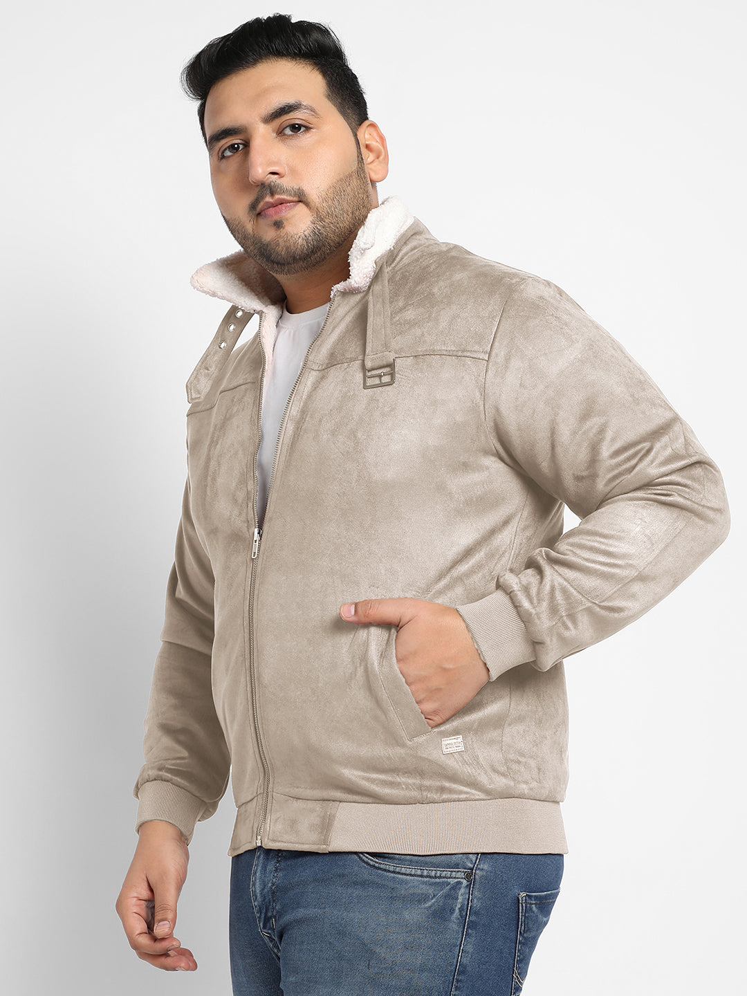 Contrast Sherpa-Lined Suede Bomber Jacket