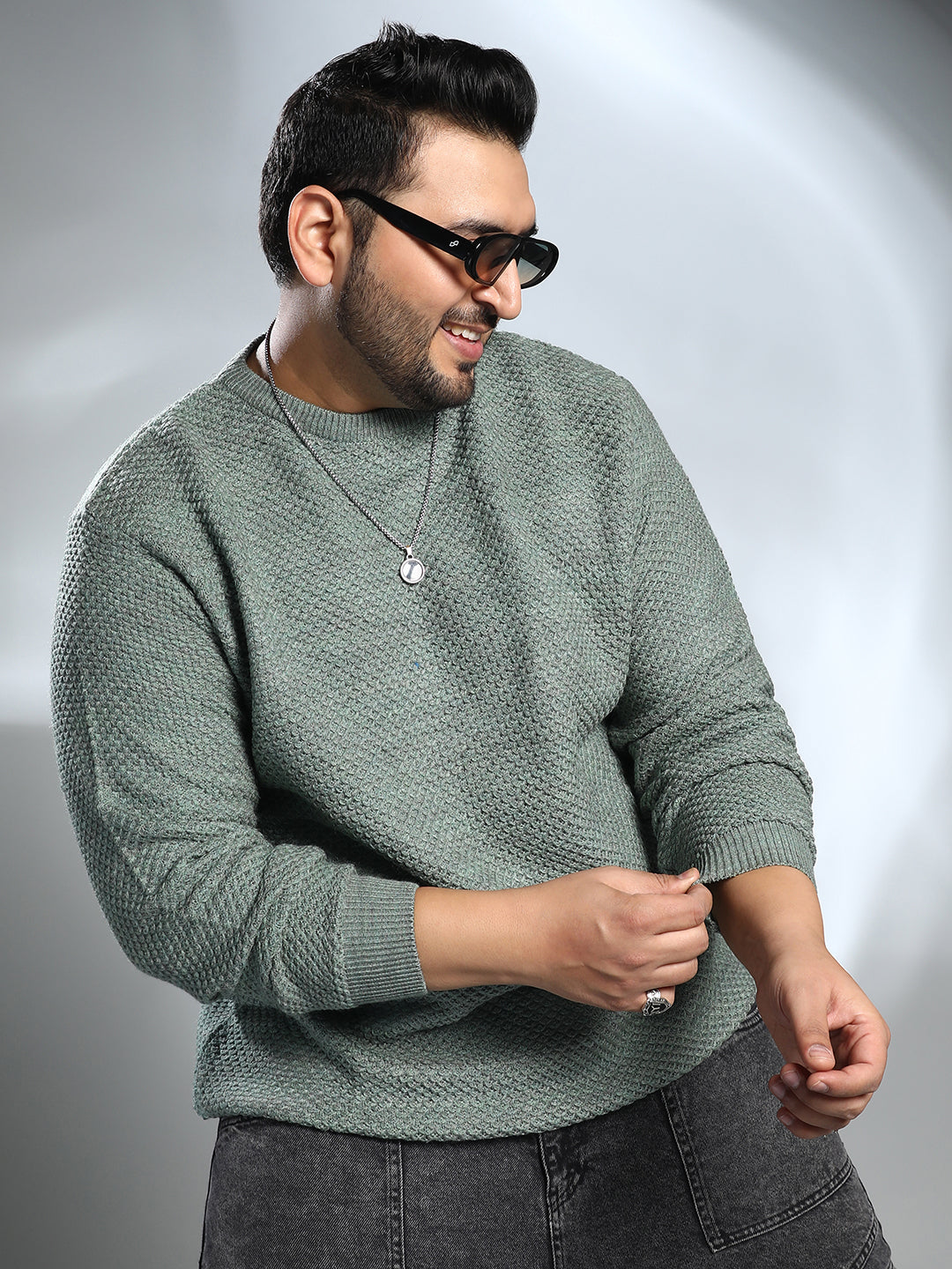 Instafab Plus mens Sage Green Textured Knit Pullover Sweater