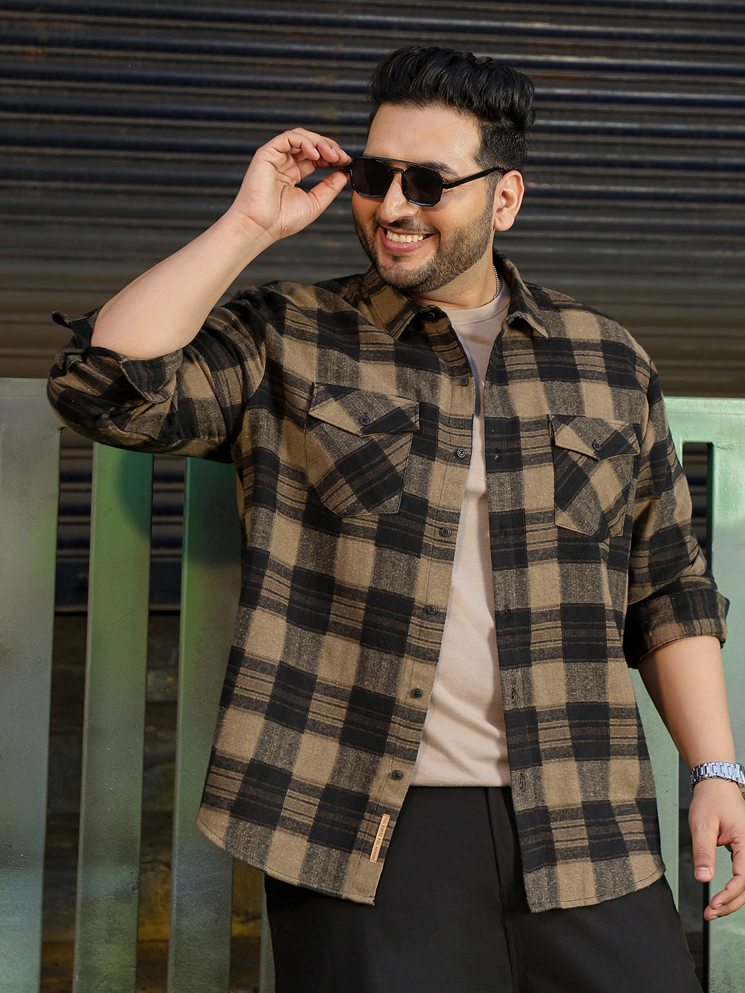 Instafab Plus Brown Tartan Check Shirt