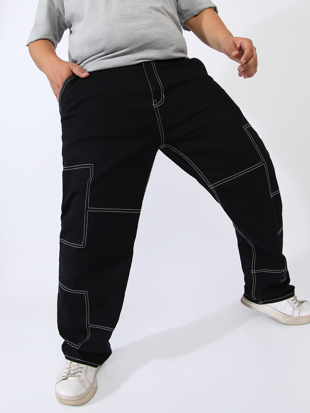 Denim Black Pants Contrast Stitching Instafab Plus Men's Jet Black