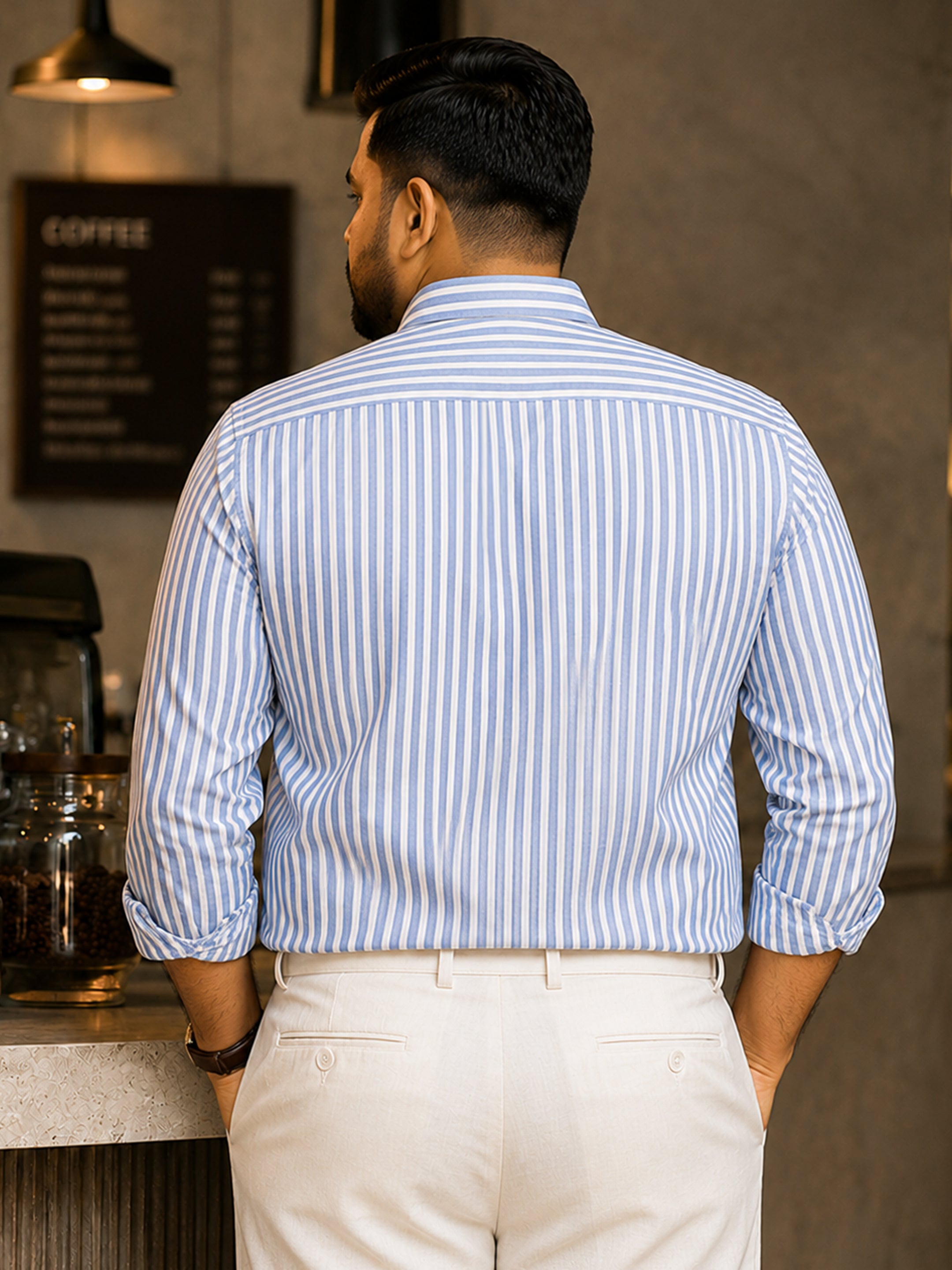 Instafab Plus Men's Blue & White Striped Oxford Cotton Shirt - view 4