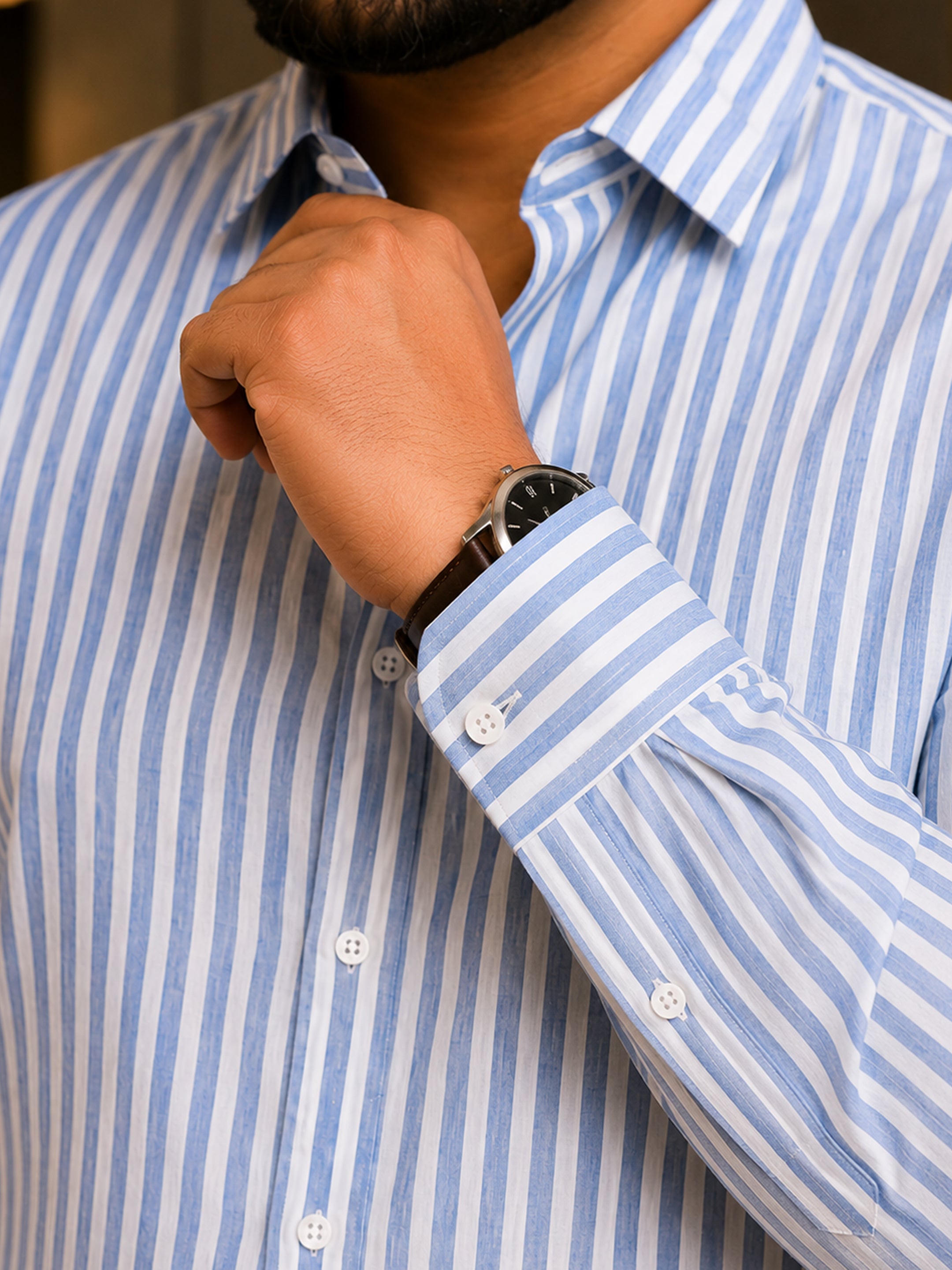 Instafab Plus Men's Blue & White Striped Oxford Cotton Shirt - view 7