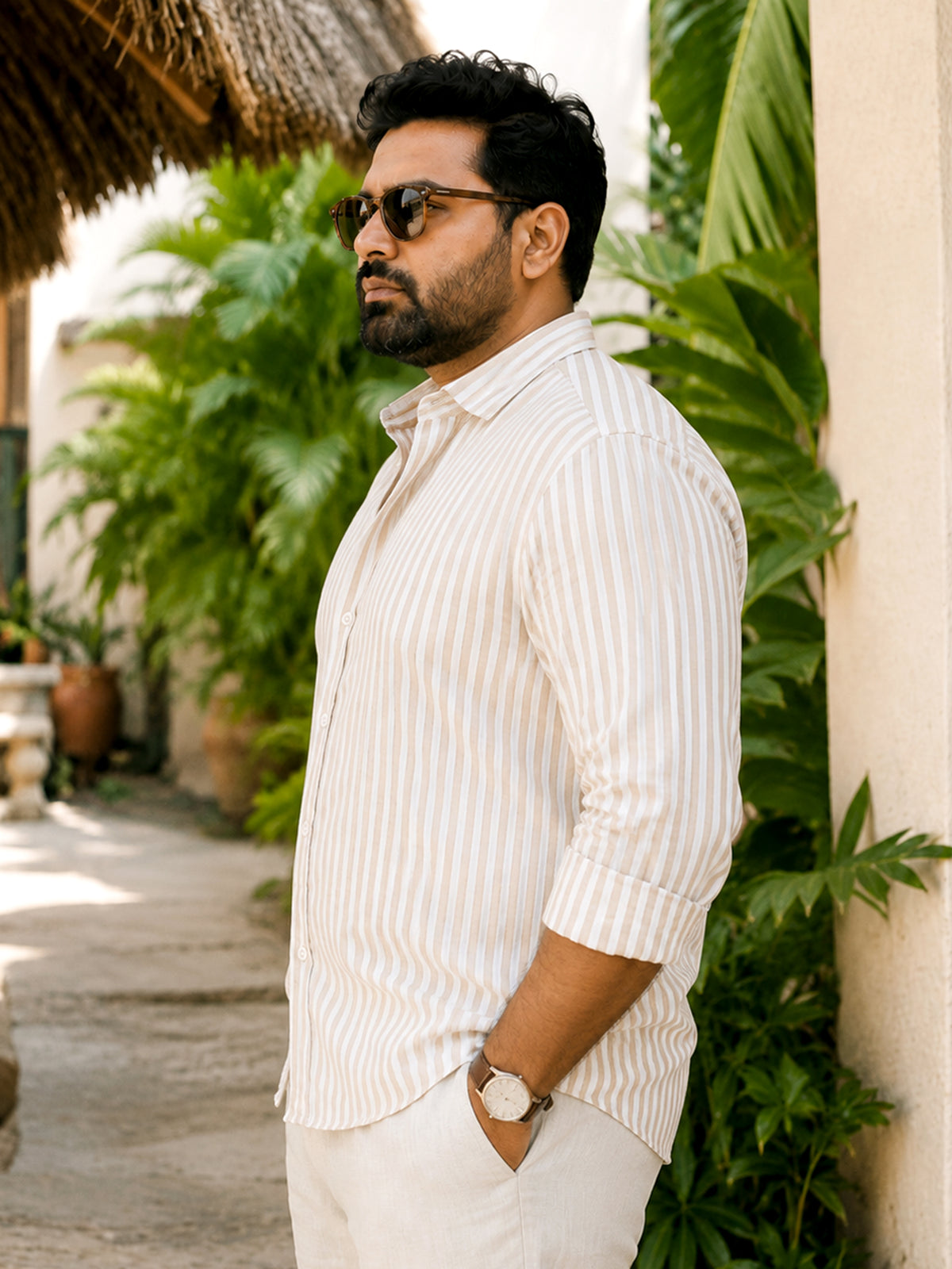 Instafab Plus Men's Beige & White Striped Oxford Cotton Shirt - view 2