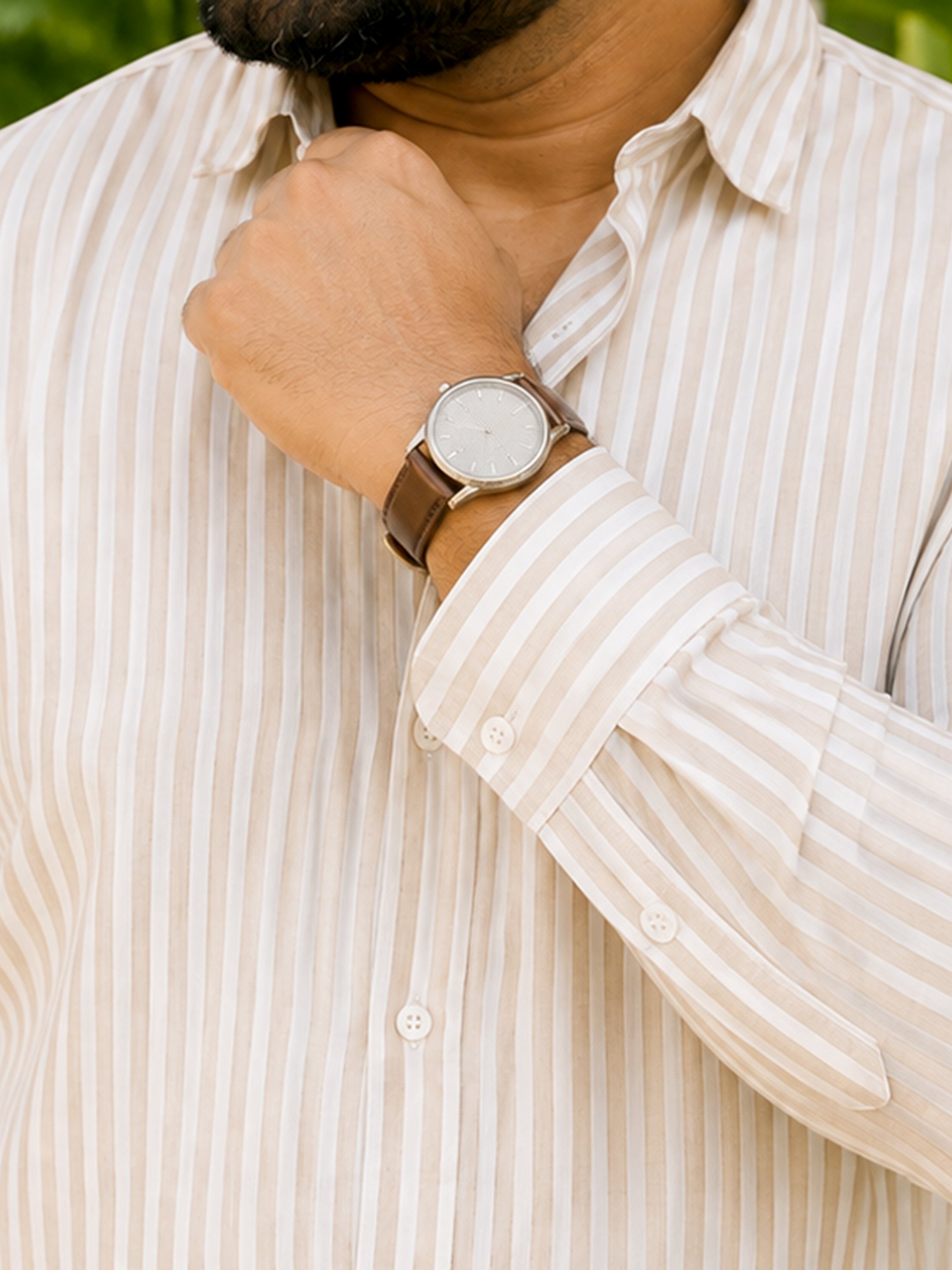 Instafab Plus Men's Beige & White Striped Oxford Cotton Shirt - view 6
