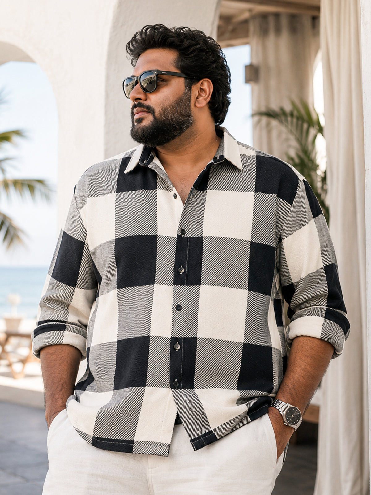 Instafab Plus Men's Black & White Yarn Dyed Checked Oversized Fit Shirt - view 1