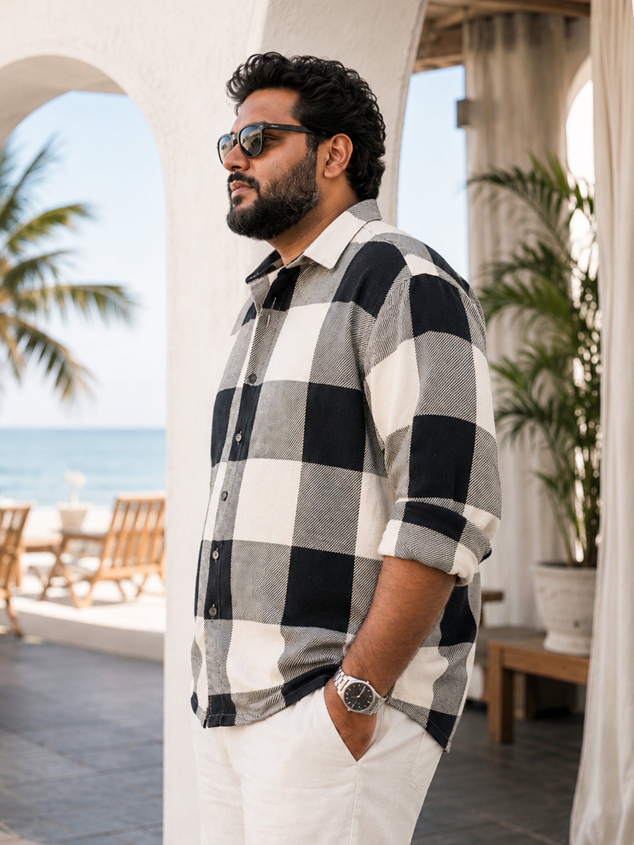 Instafab Plus Men's Black & White Yarn Dyed Checked Oversized Fit Shirt - view 2