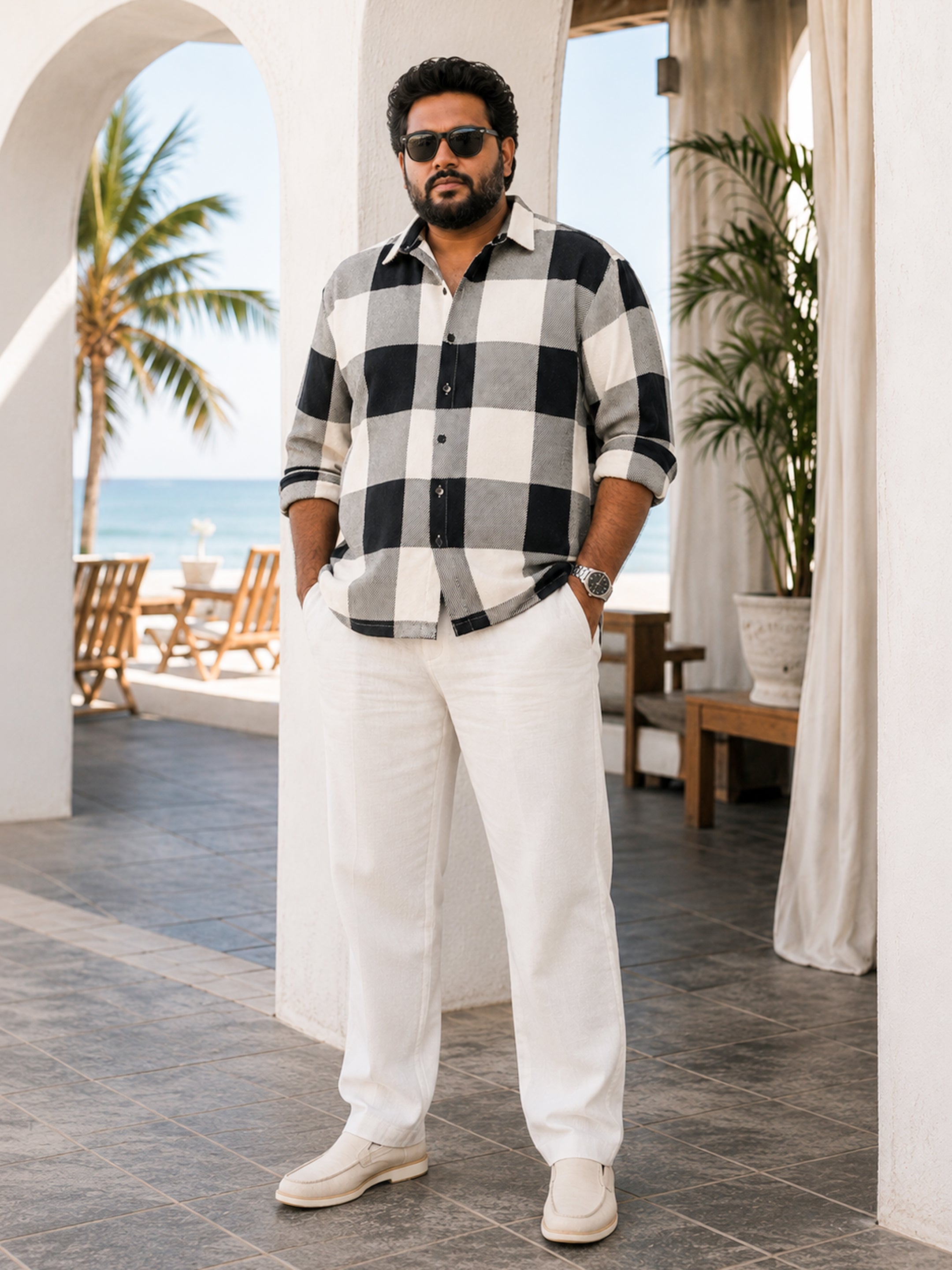 Instafab Plus Men's Black & White Yarn Dyed Checked Oversized Fit Shirt - view 4