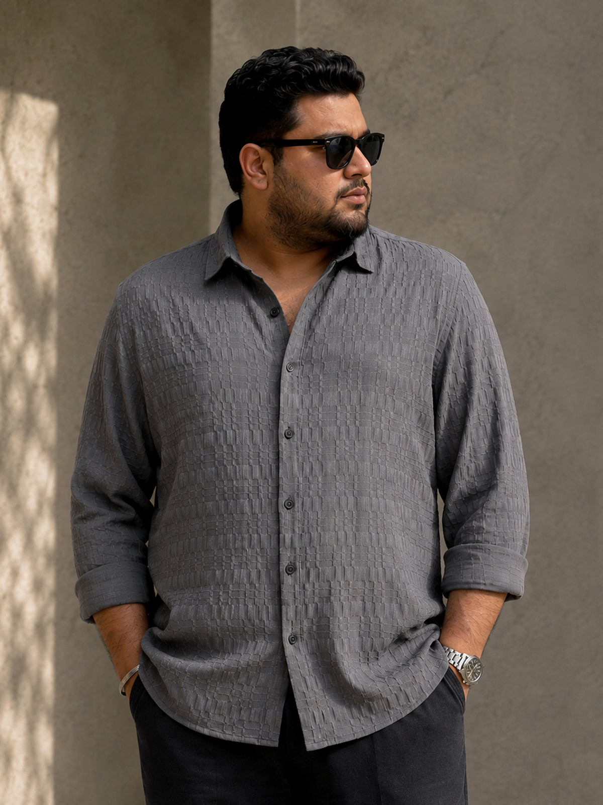 Instafab Plus Men's Grey Textured Jacquard Shirt - view 1