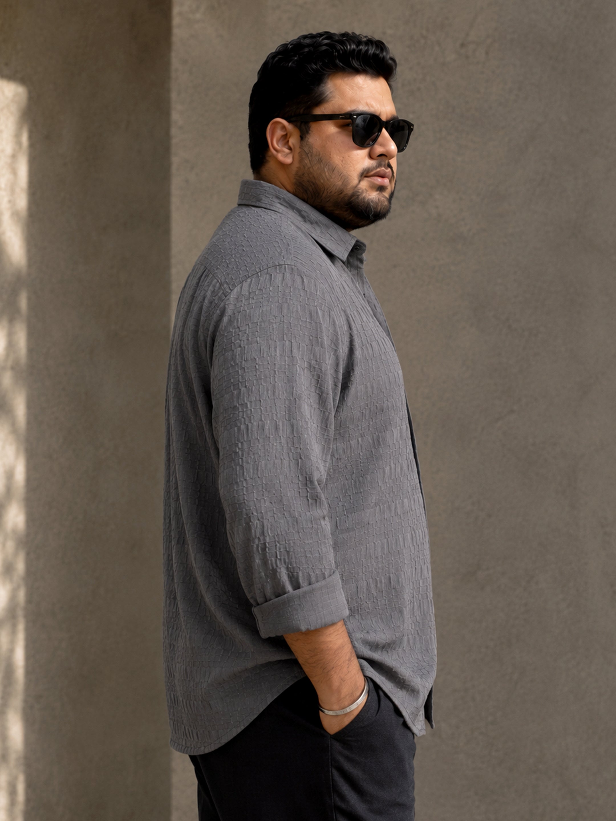Instafab Plus Men's Grey Textured Jacquard Shirt - view 2