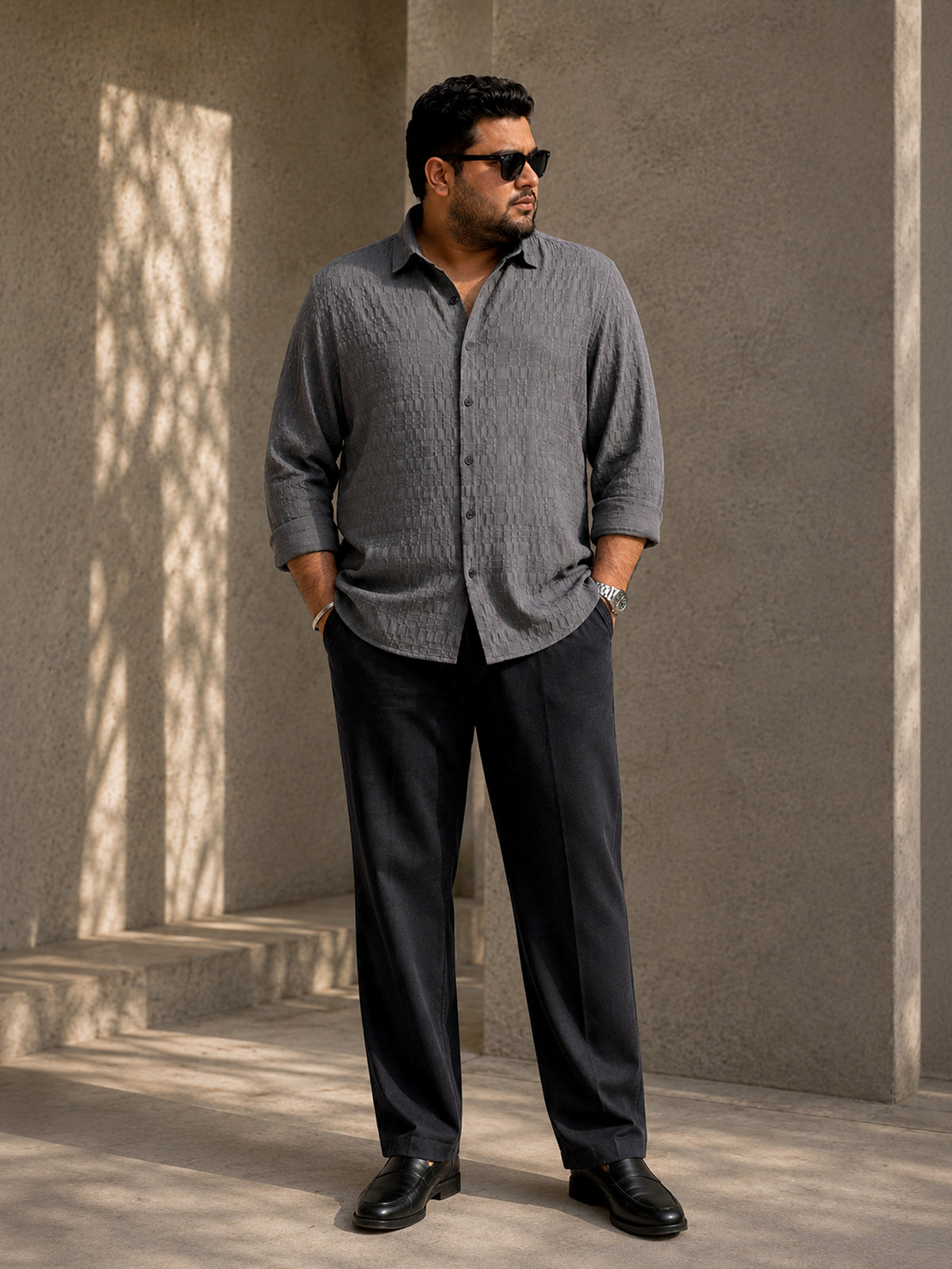 Instafab Plus Men's Grey Textured Jacquard Shirt - view 4
