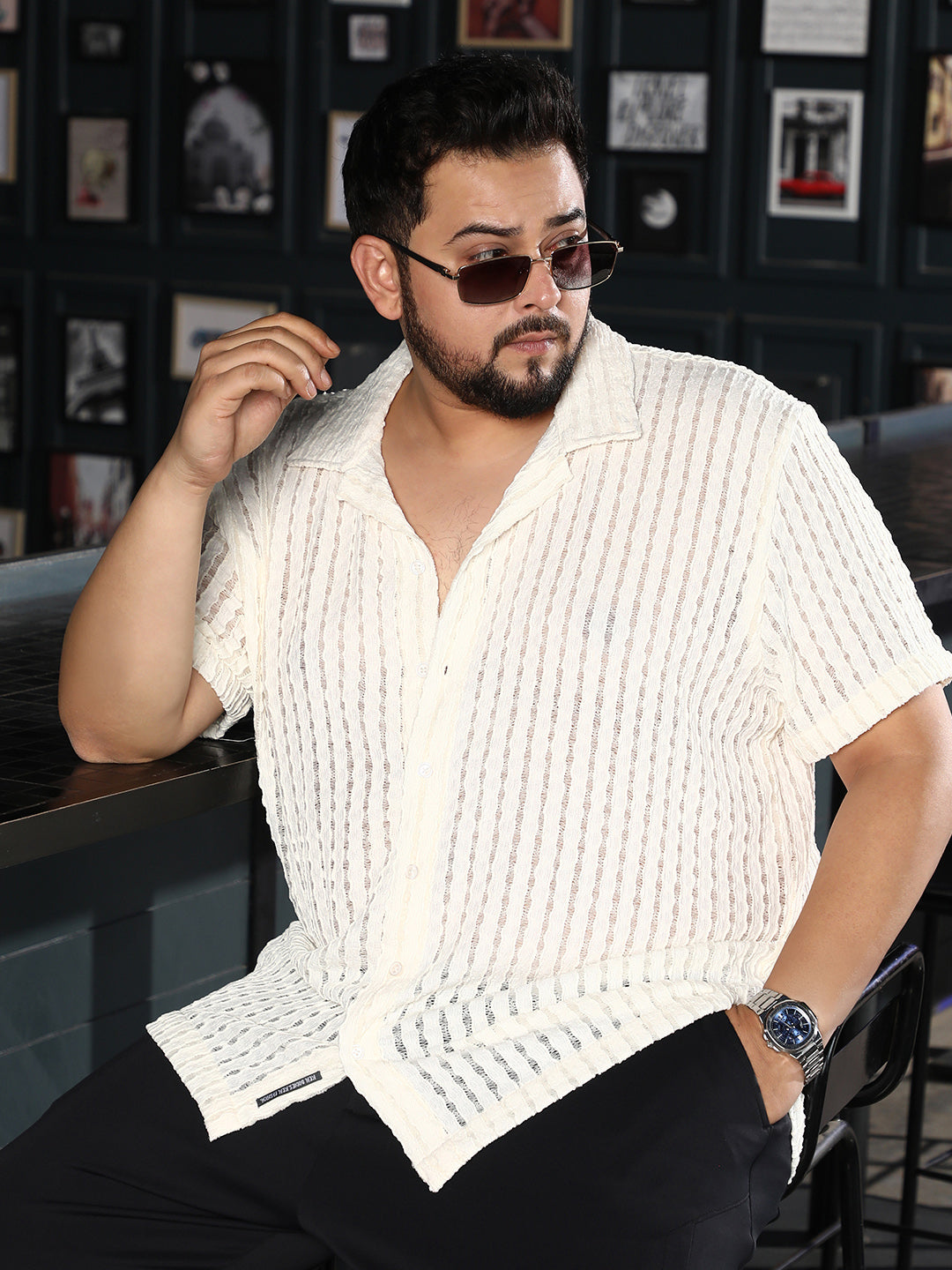 【未使用品】CTHY＋no./OVERSIZE SILKNEP SHIRTS 2 Instafab Plus Men's Cloud White Striped Tactile-Knit Oversized Shirt