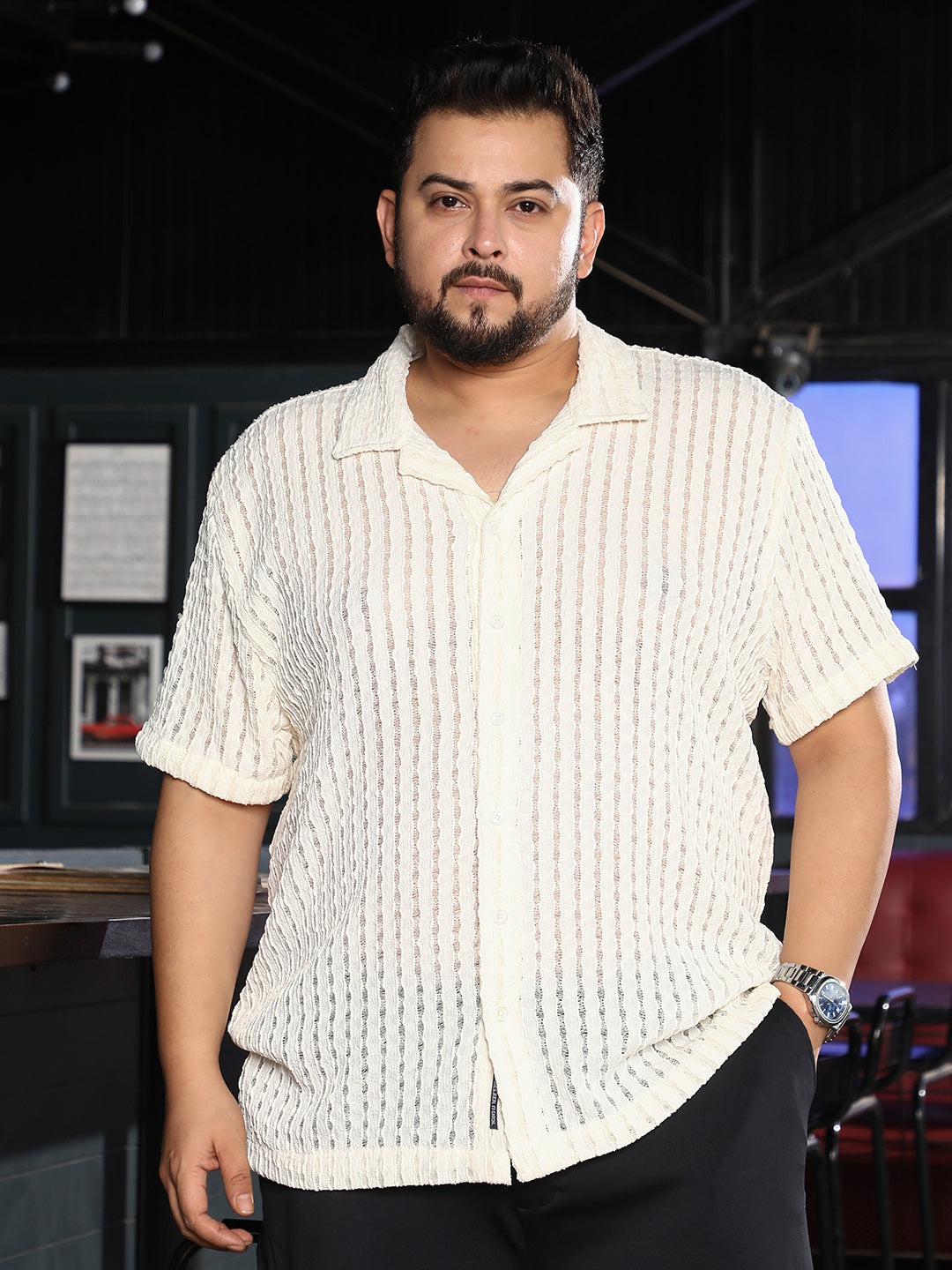 Striped Tactile-Knit Oversized Shirt