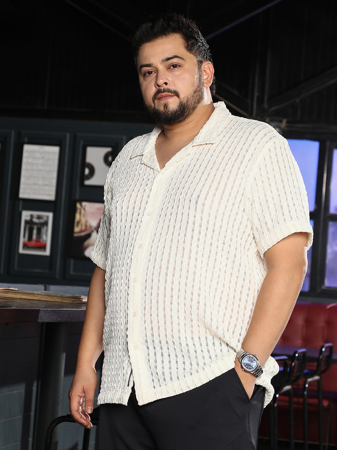 Striped Tactile-Knit Oversized Shirt