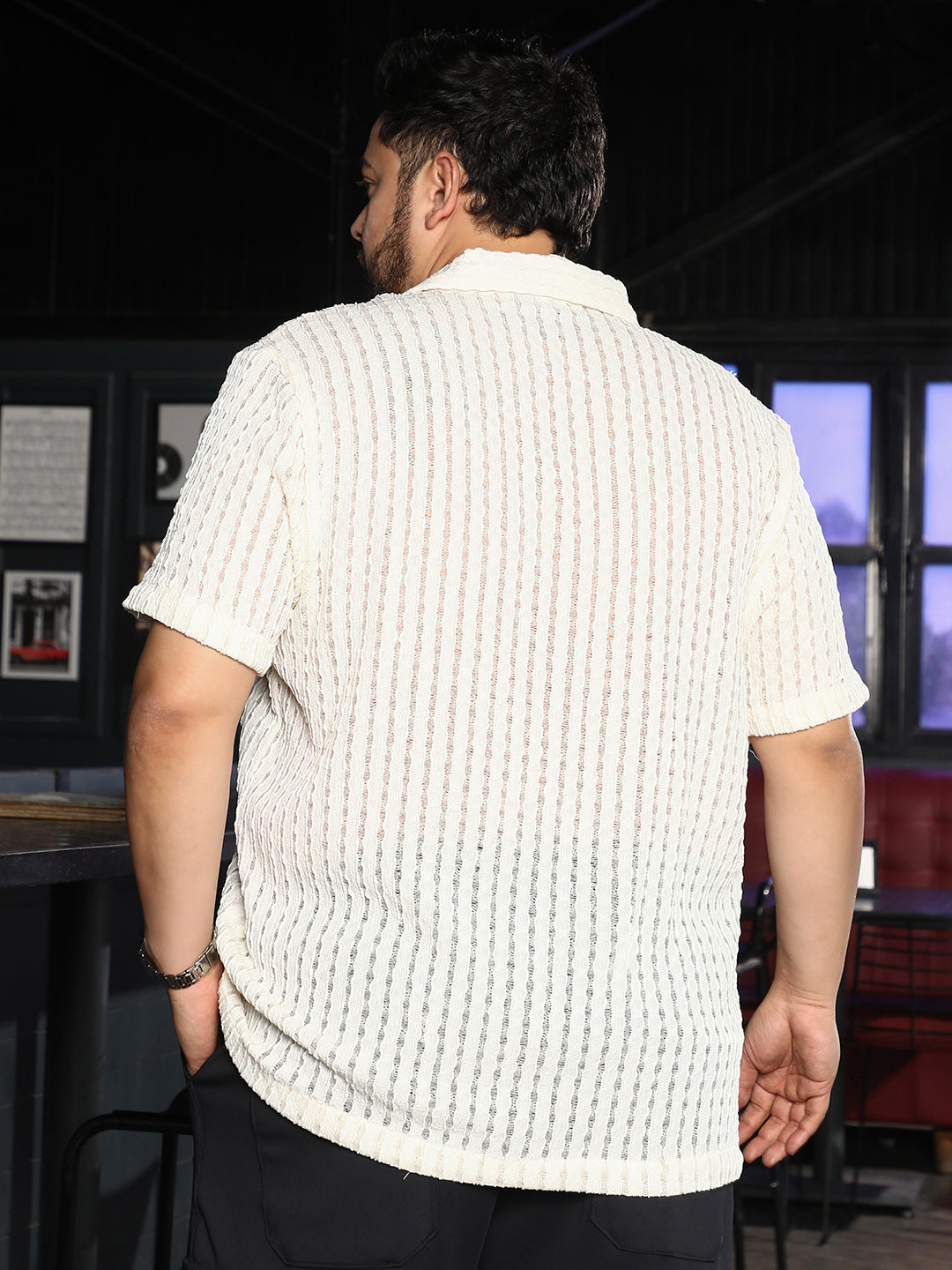 Instafab Plus Men's Cloud White Striped Tactile-Knit Oversized Shirt