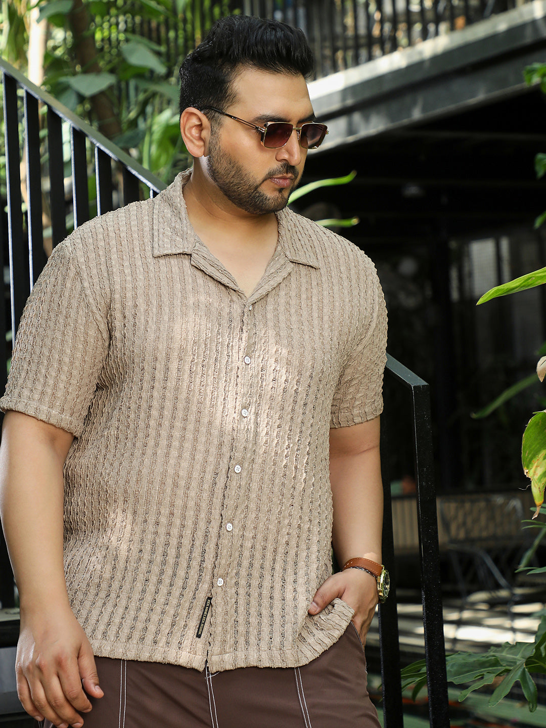 Beige Self Design Shirt