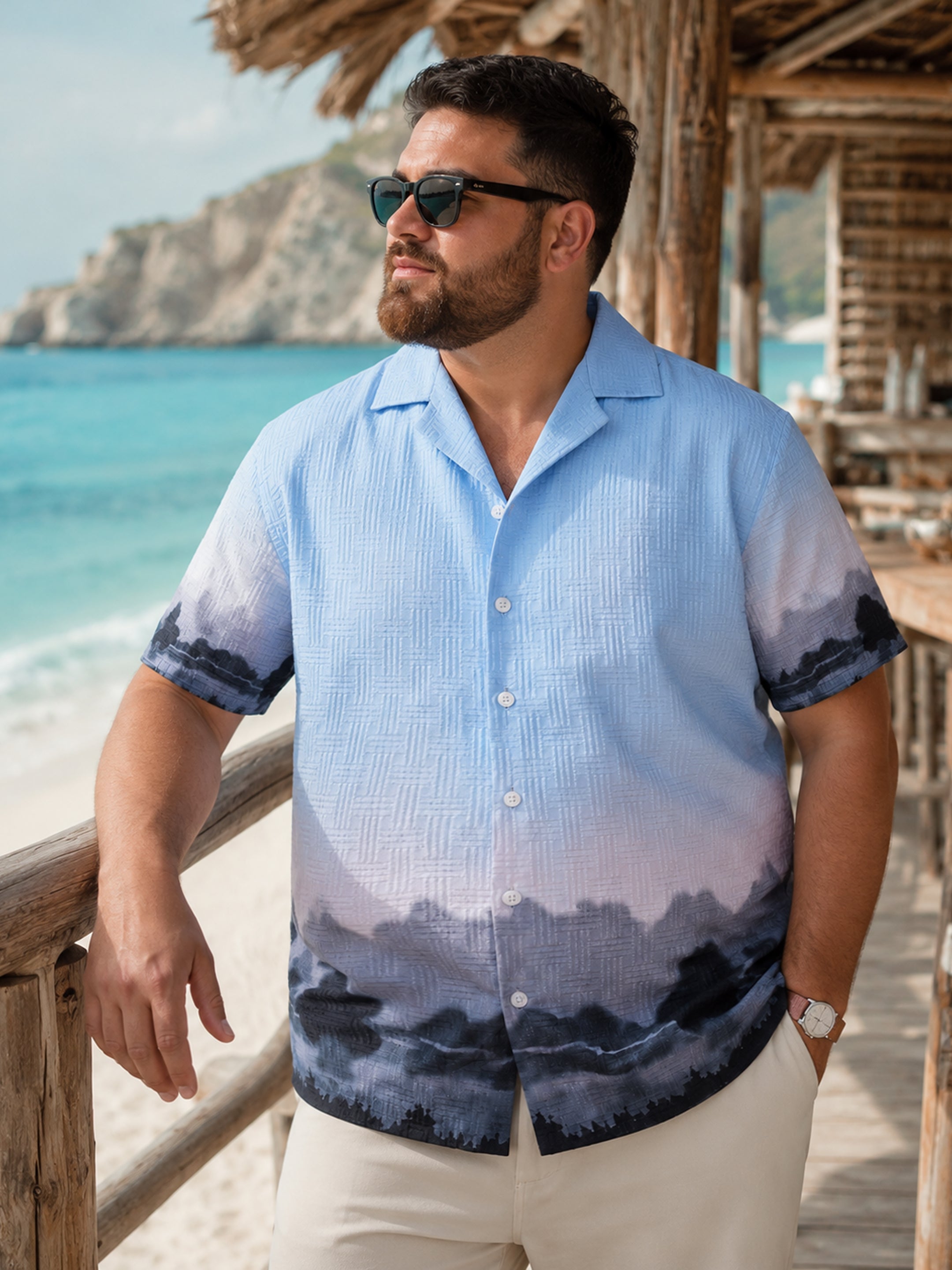 Instafab Plus Men's Blue Textured Placement Print Cuban Collar Shirt - view 1