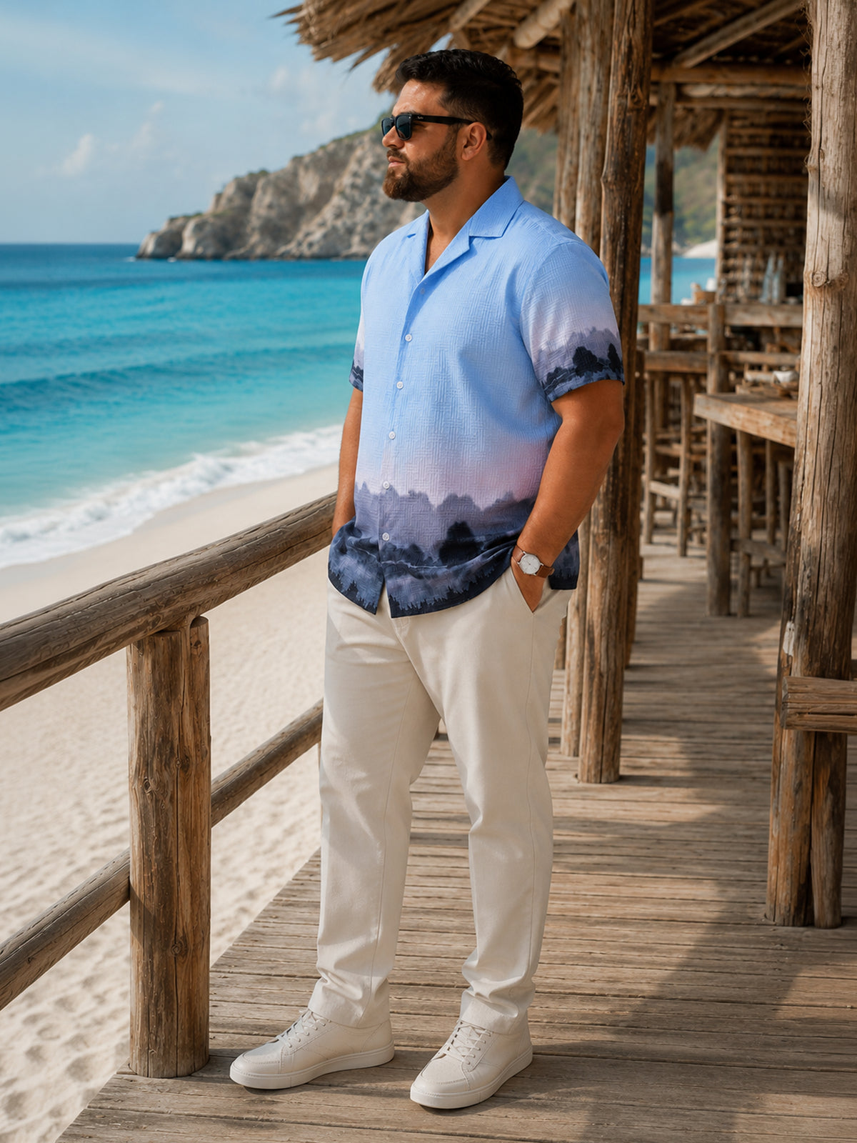 Instafab Plus Men's Blue Textured Placement Print Cuban Collar Shirt - view 4