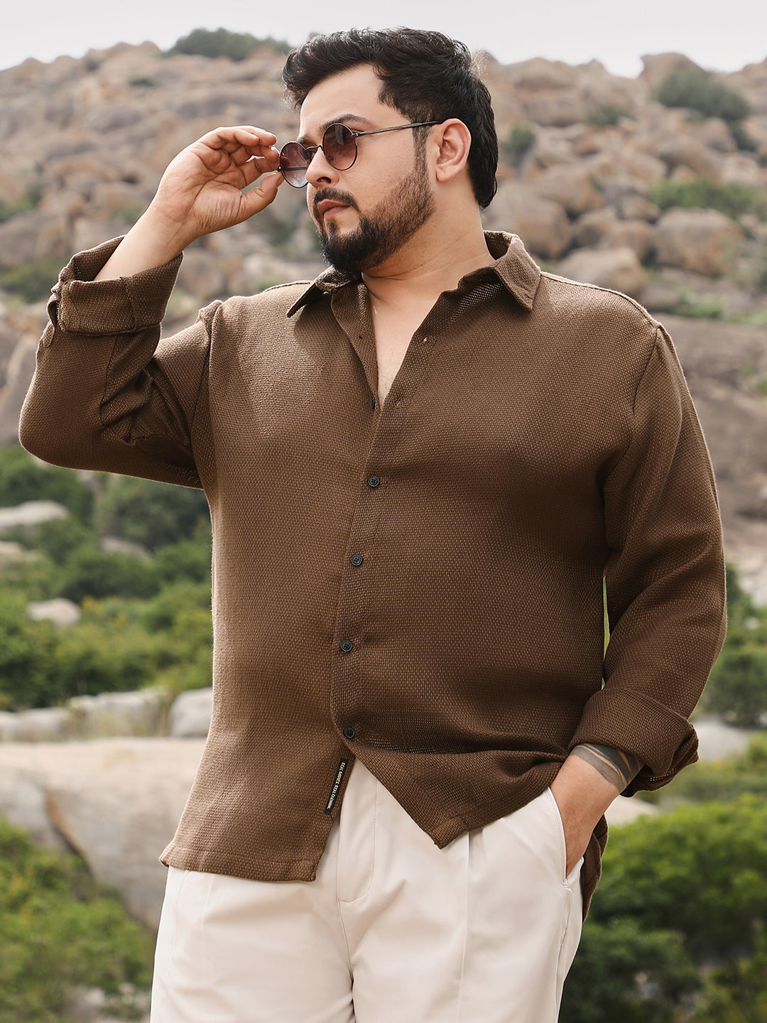 Instafab Plus Men's Chocolate Brown Canvas-Dobby Shirt