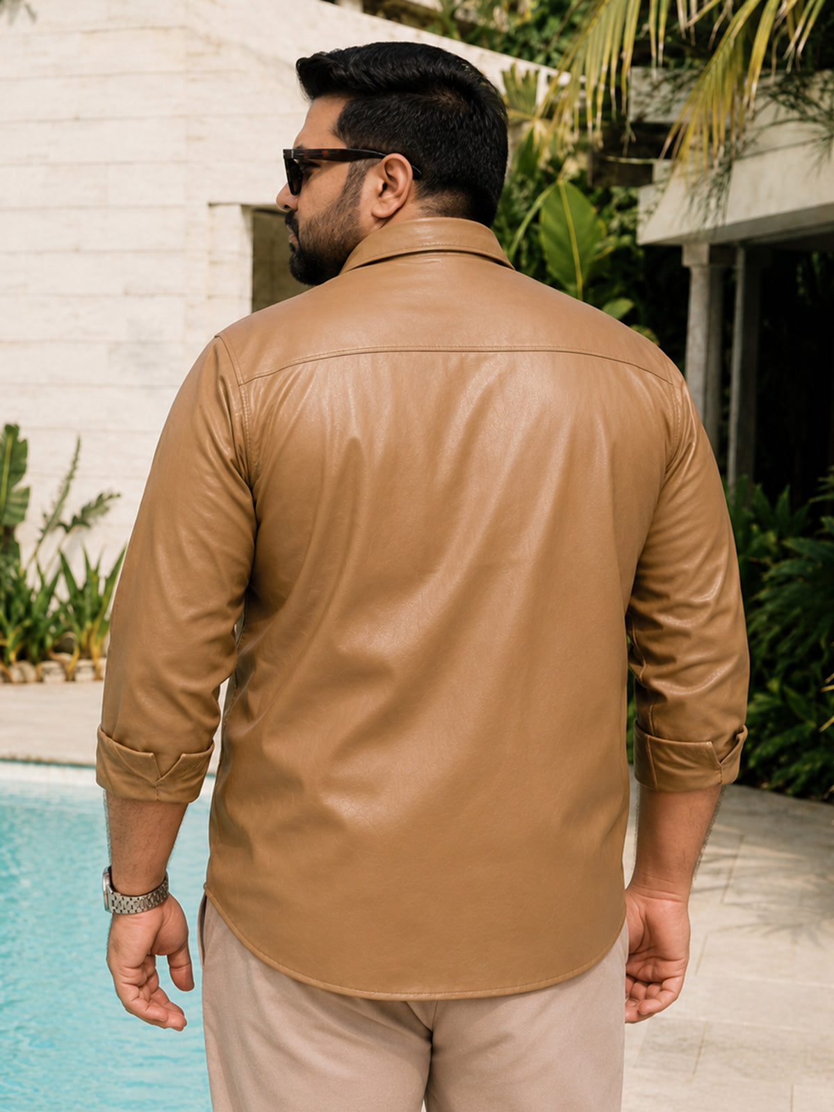 Instafab Plus Men's Brown Solid Leather Finish Shirt - view 3