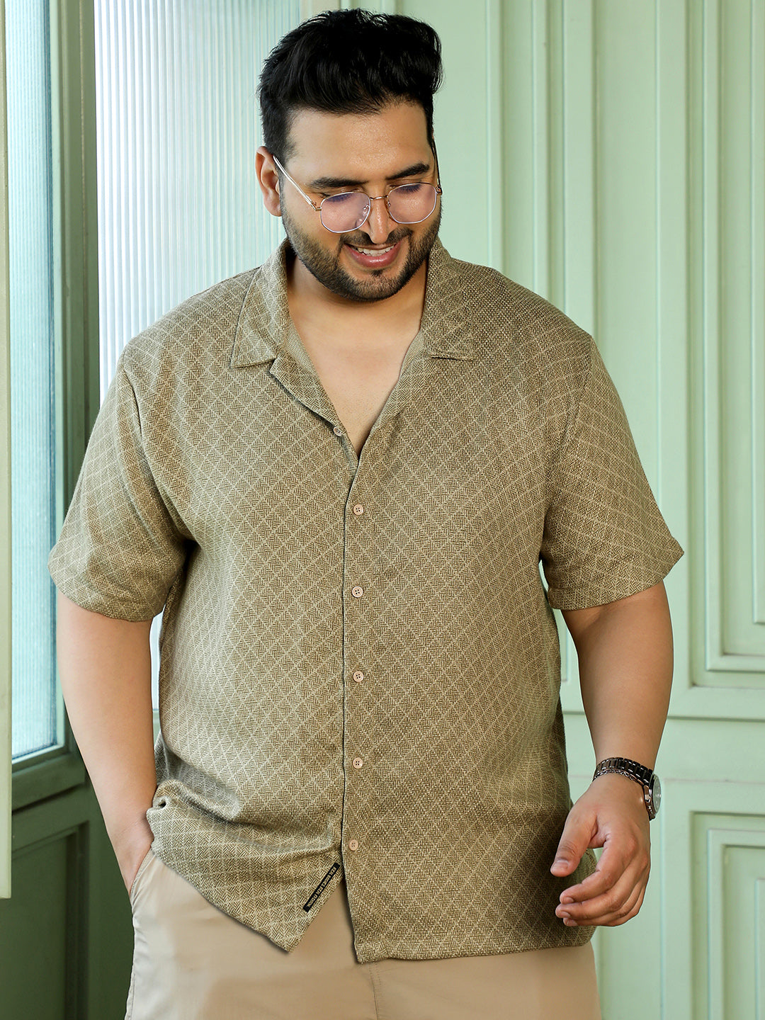 Khaki Self Design Shirt