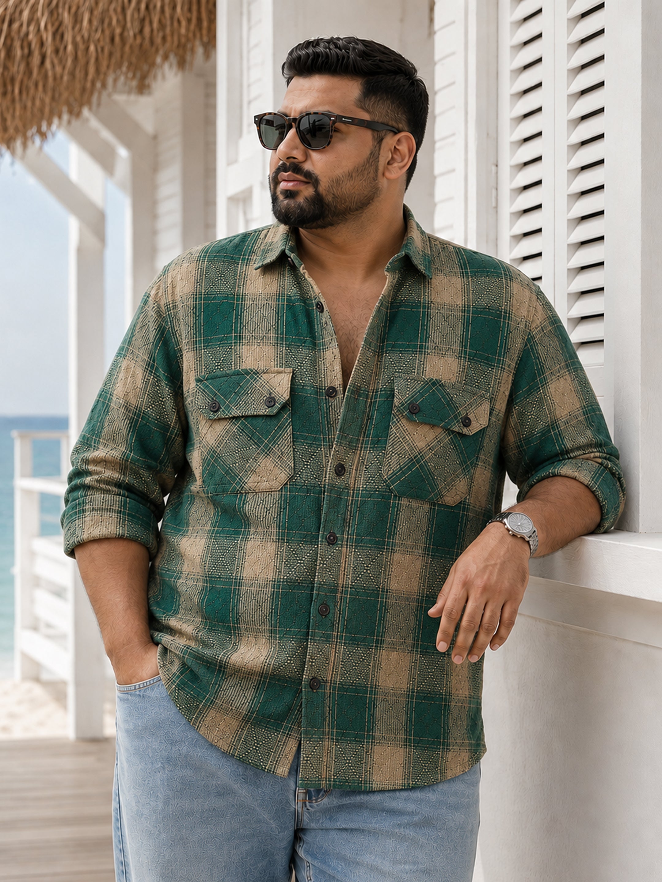 Instafab Plus Men's Green & Beige Checked Cotton Shirt With Utility Pockets - view 1