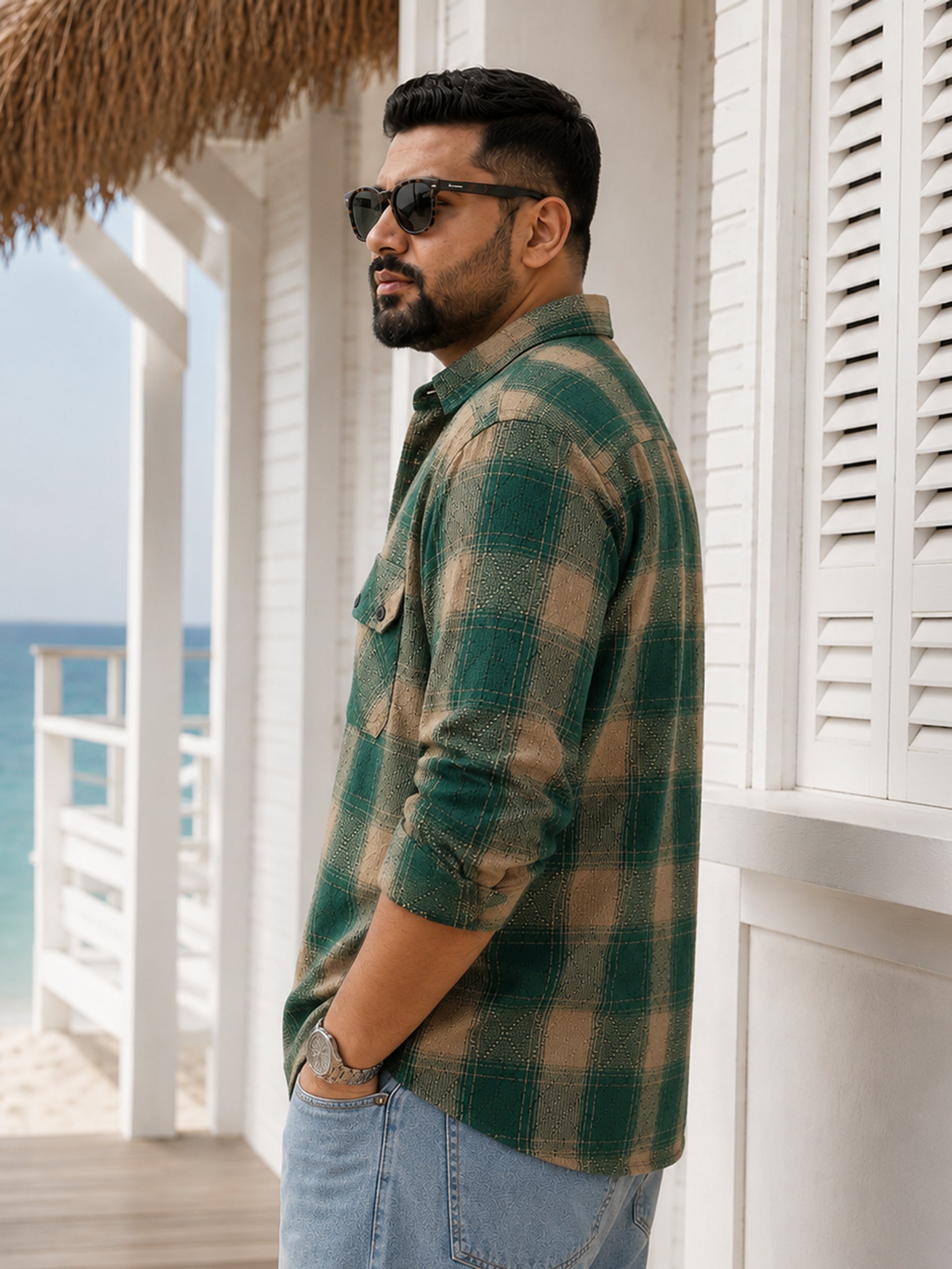 Instafab Plus Men's Green & Beige Checked Cotton Shirt With Utility Pockets - view 2
