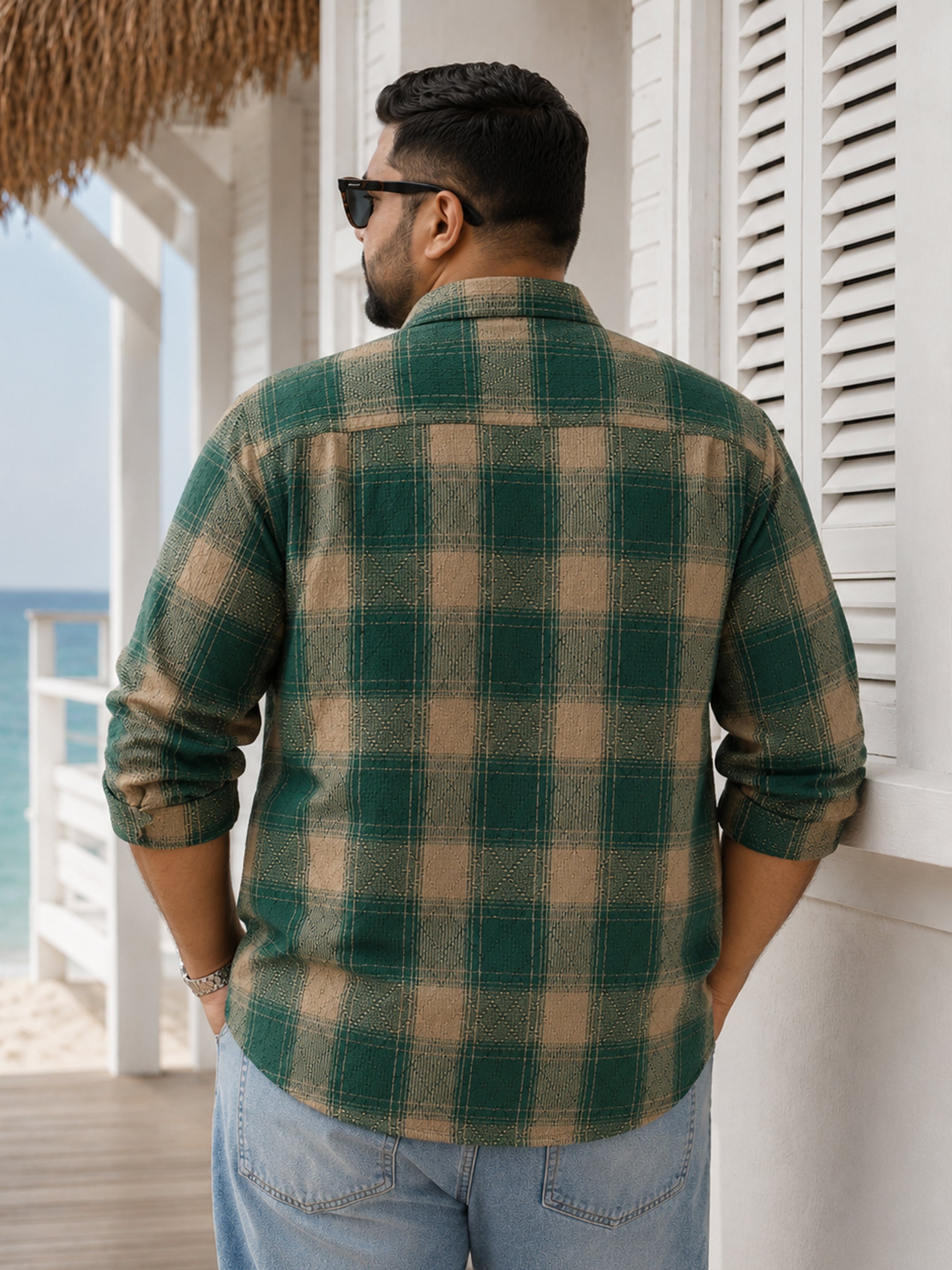 Instafab Plus Men's Green & Beige Checked Cotton Shirt With Utility Pockets - view 3